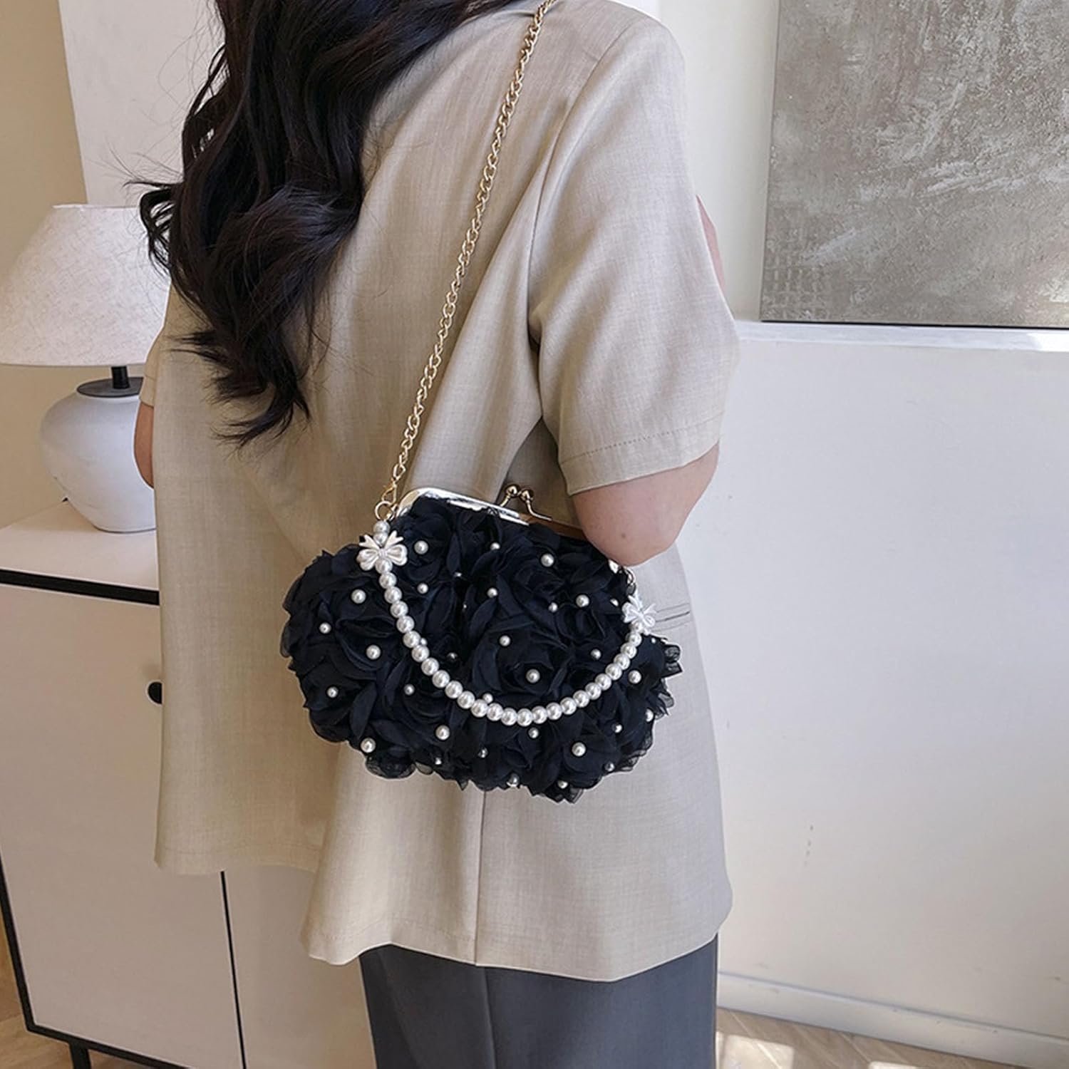 Clutch Purses for Women, Elegant 3D Rose Lace Evening Bag, Vintage Pearl Clutch for Wedding Prom Tea Party