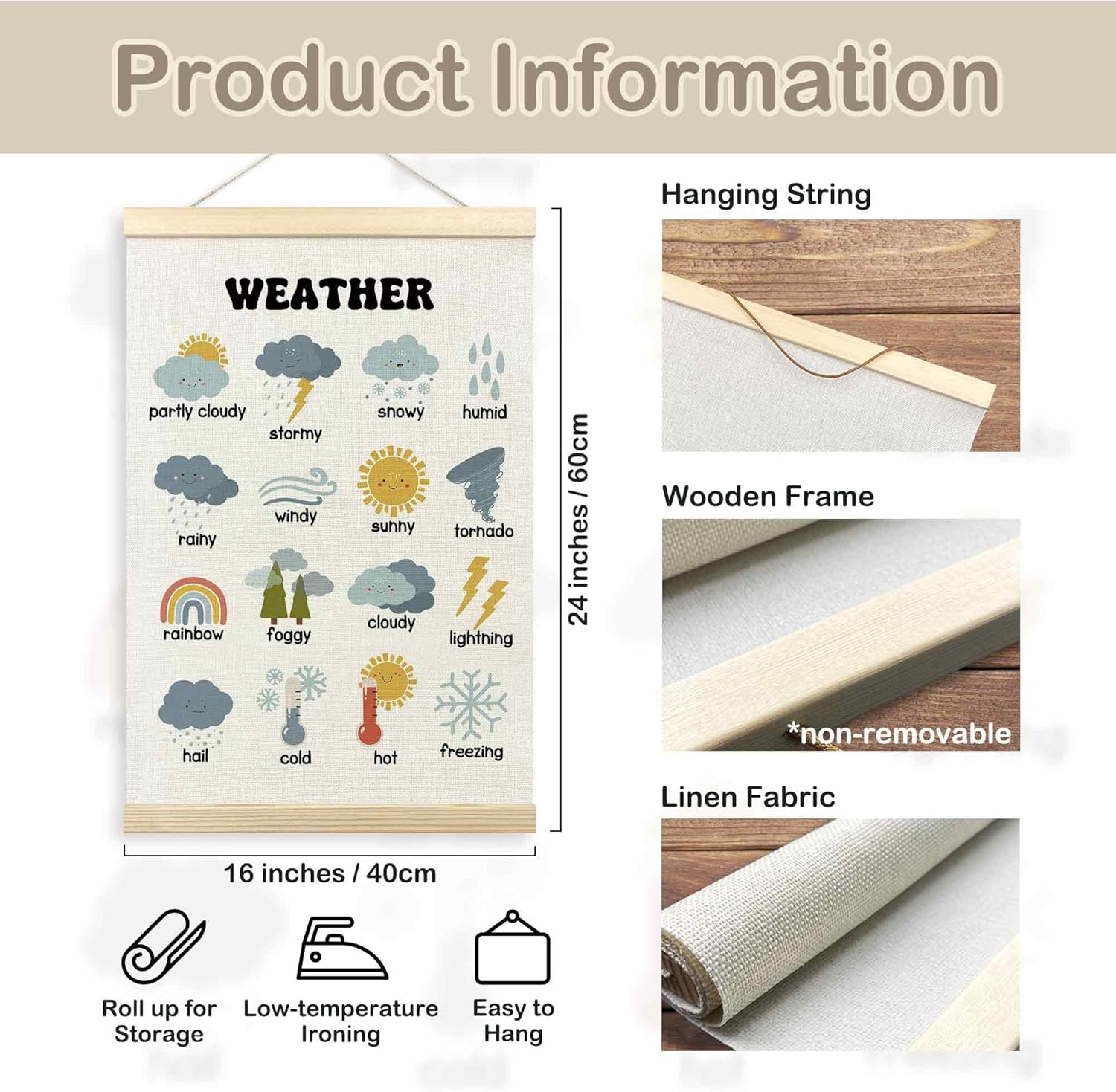 TLESKE 4 Seasons Weather Chart Poster Hanger Frame for Toddler Kid Classroom Set of 2, Homeschool Hanging Wall Art Decor for Nursery Playroom, Preschool Prek Learning Educational Poster, 16x24