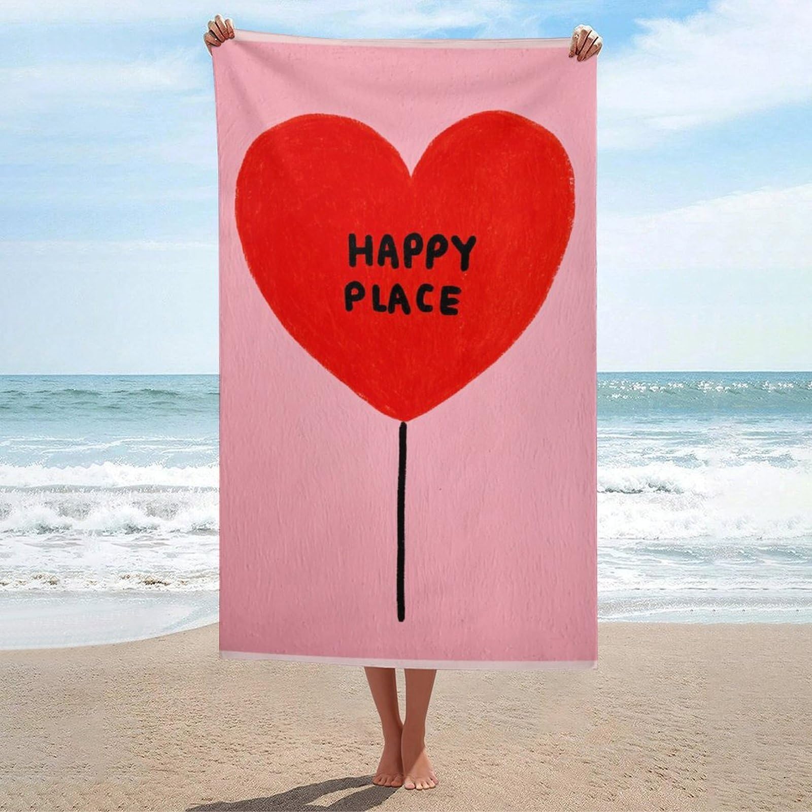 asbwuo Happy Place Red Heart Balloon on Pink Beach Towel