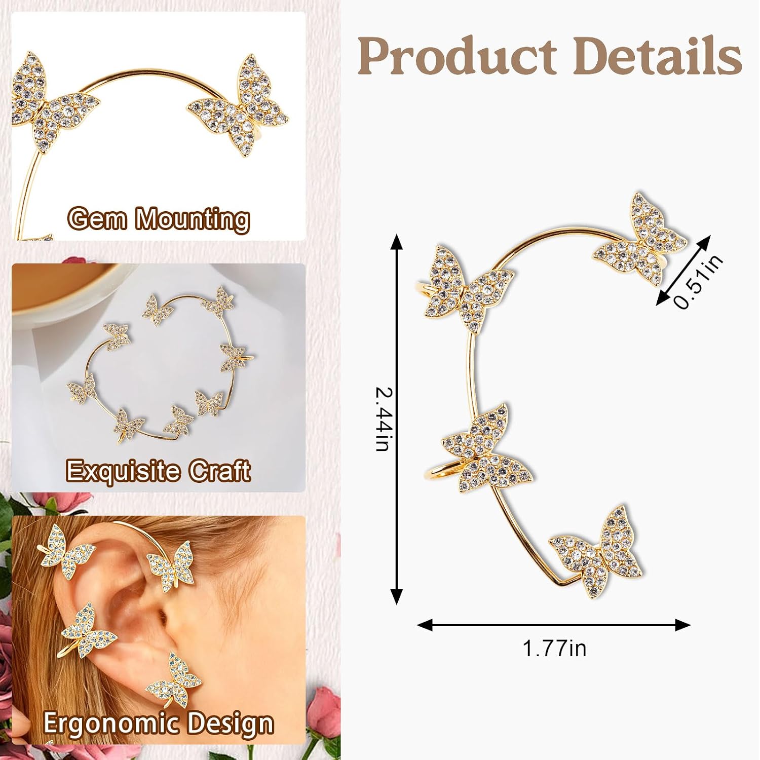 2 Pcs Butterfly Ear Cuffs Earrings for Women Butterfly Ear Wrap No Piercing Ears Clip Jewelry for Cosplay Costume image 2