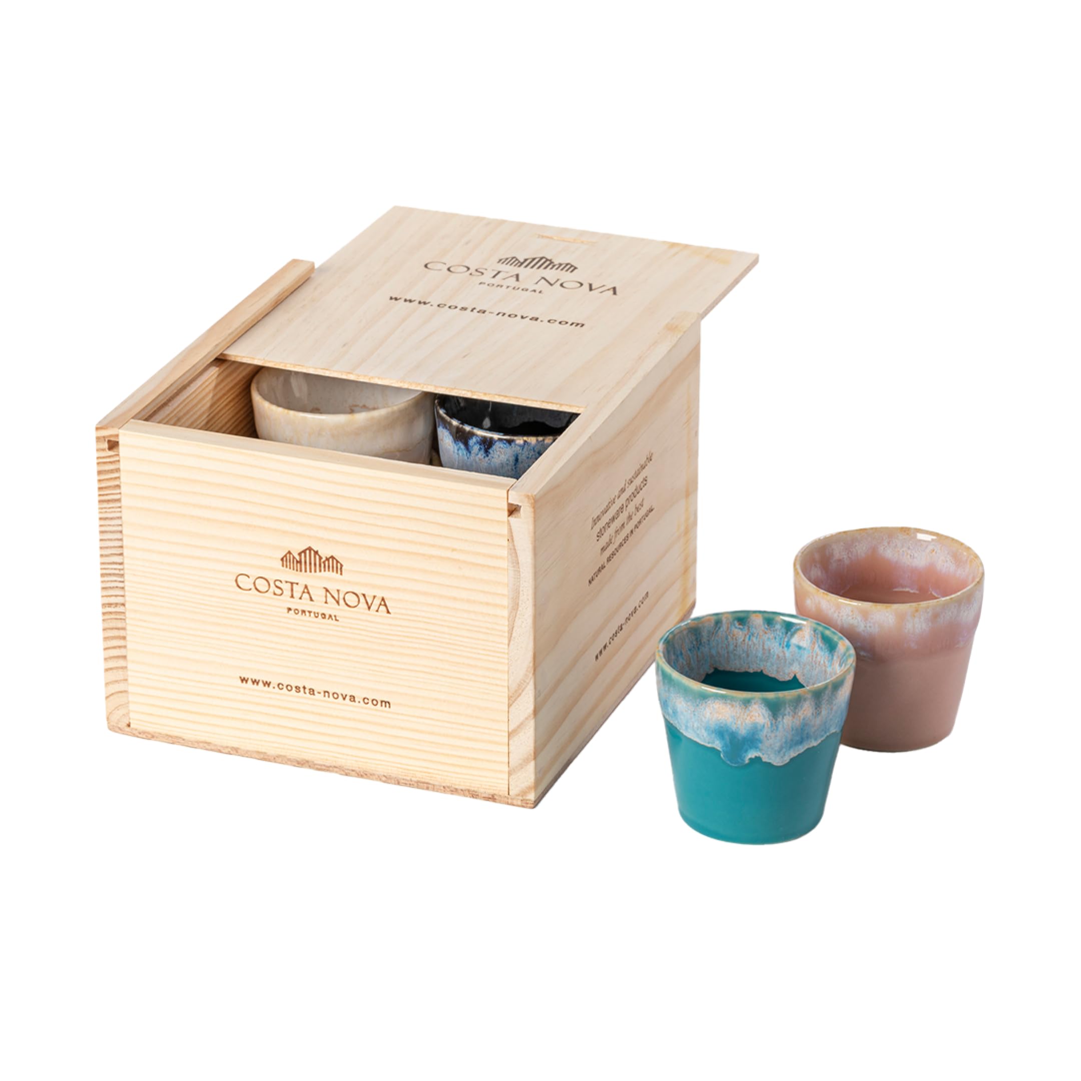 Costa Nova Geschenkset Grespresso: 8 Steinzeug-Tassen mit reaktiver Glasur, Handveredelt in Portugal, Stapelbare Lungo Becher in edler Holzbox, Spülmaschinenfest, Mehrfarbig, ⌀ 8 cm