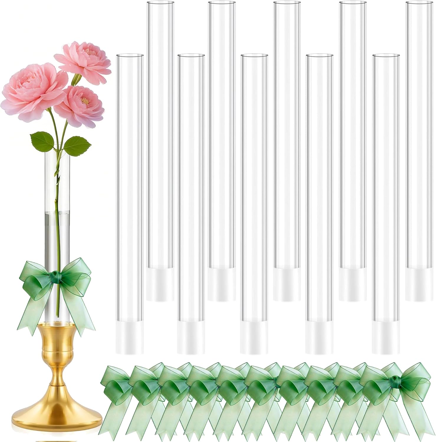 10 PCS 7.9” Acrylic Vase Cylinder Bud Vase for Taper Candlesticks, Flower Vase with Silicon Rubber and 10 Ribbon Case Fit in Candle Holders Size 20-22mm, Create Floral for Tablescapes, Home Decor