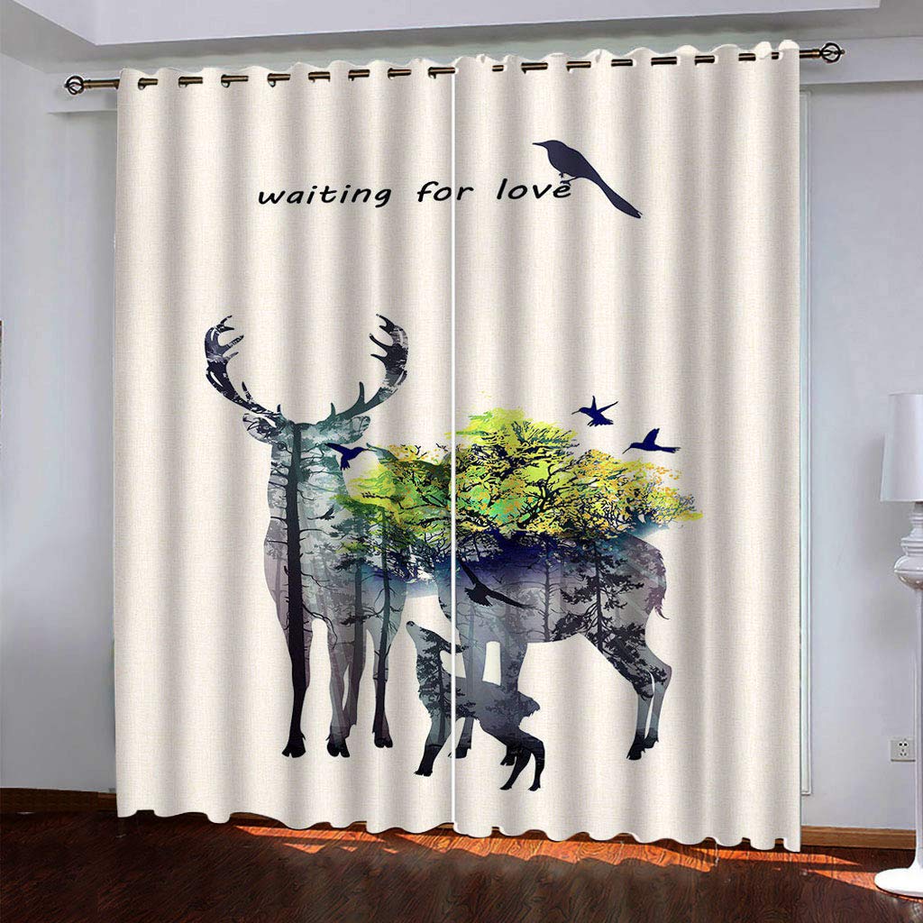 Cortinas Niño Niña Habitacion Opacas Con Ojales 2 Piezas 3D Ciervos Esperando El Amor En Un Bosque Verde Sobre Fondo Blanco. Patrón 264X214Cm（An X Al）Cortinas Termicas Aislantes Frio Y Calor Salón