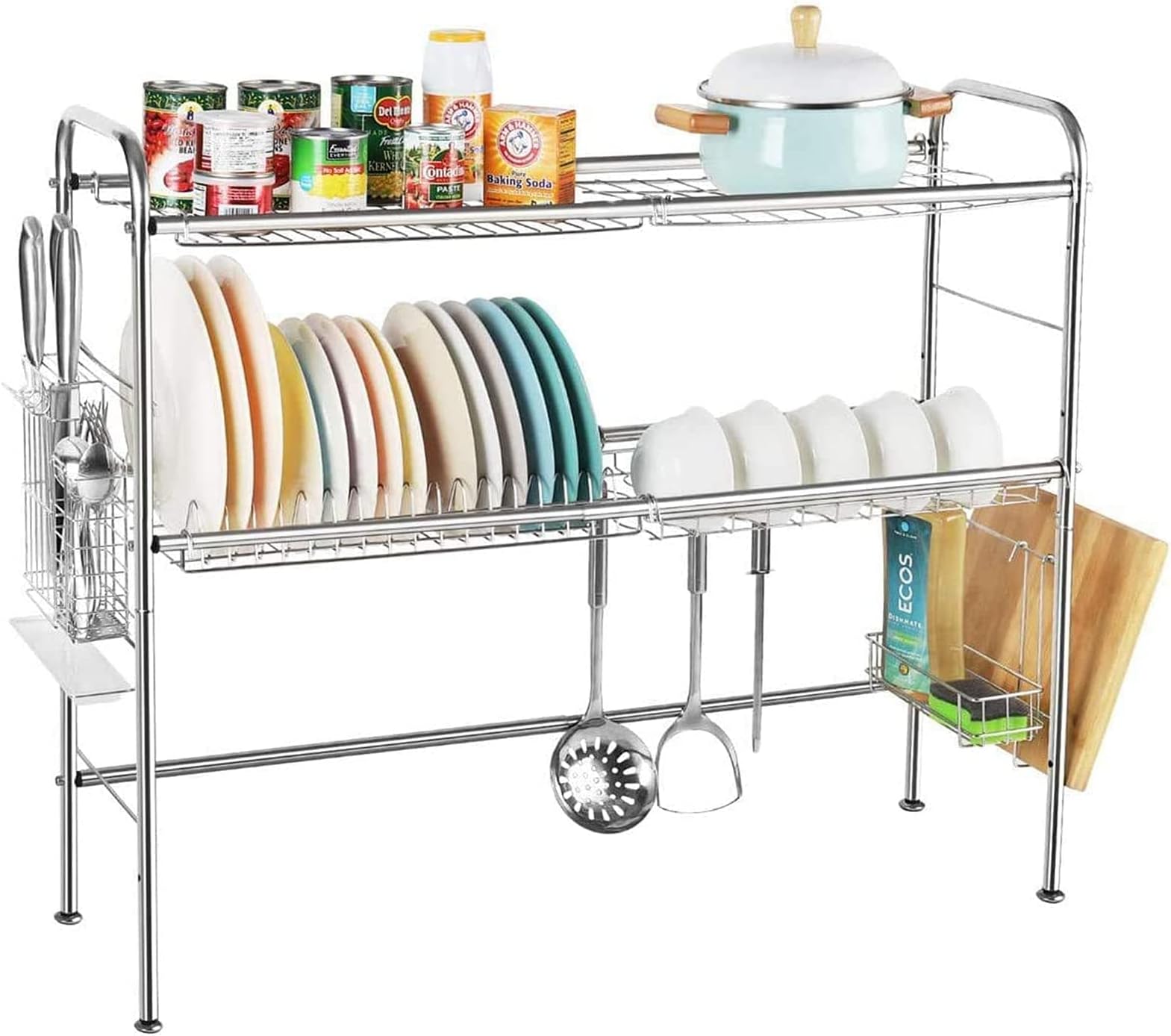 Over The Sink Dish Drying Rack, 2-Tier Stainless Steel Large Capacity Drying Dish Rack with Utensil Holder, Kitchen Organizer and Storage Rack, Length Adjustable (Sink Size ≤ 35 INCH)