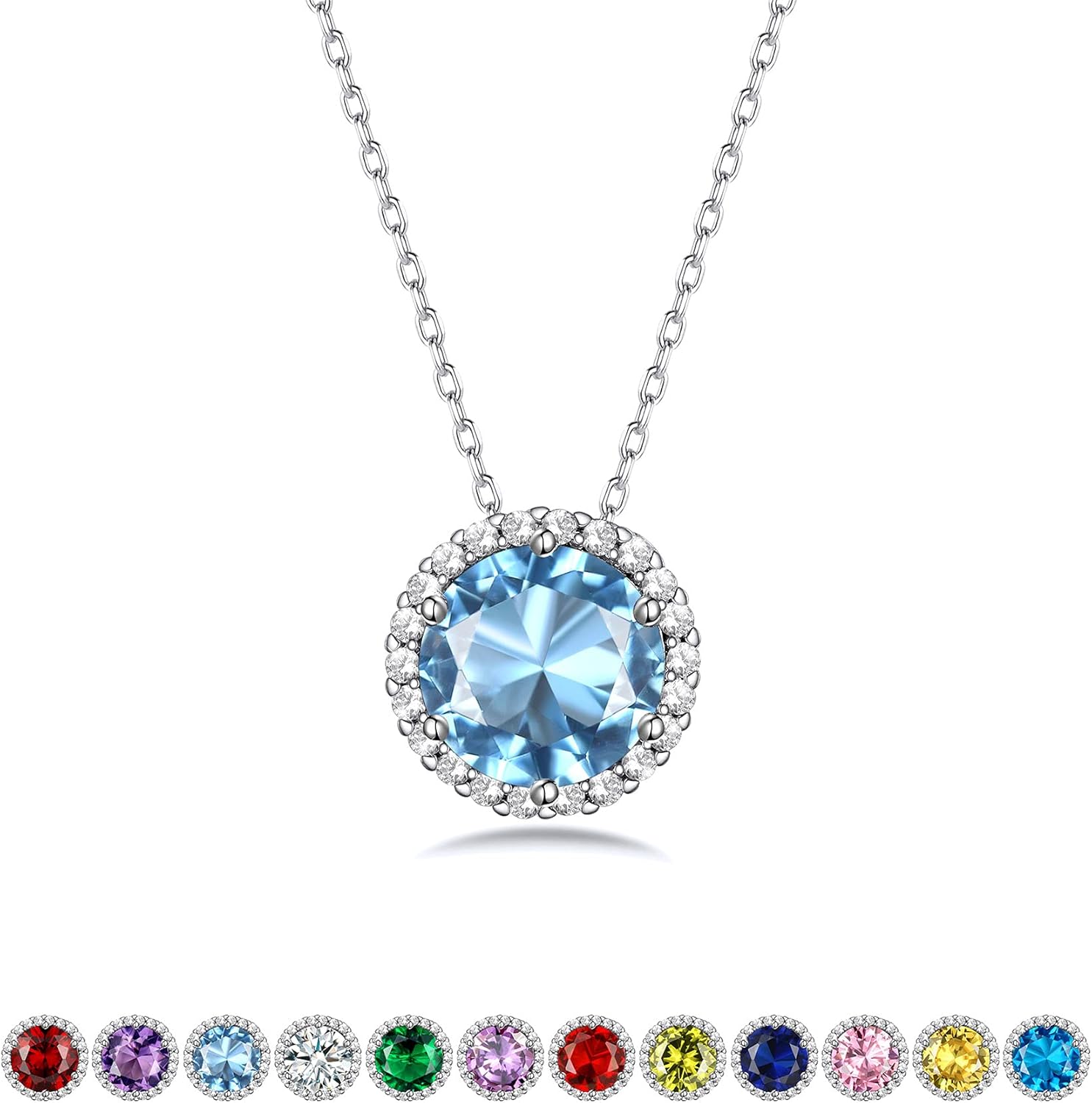 Bestyle Sparkling 925 Sterling Silver Birthstone Necklaces for Women, Created Heart/Round/Teardrop/Square Crystal Solitaire Pendant Diamond Necklace, Great Birthday/Anniversary/Wedding Gifts