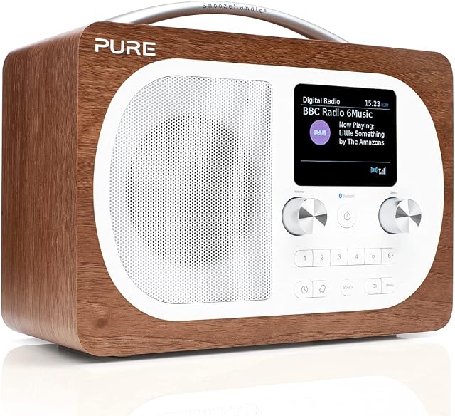 Pure Evoke H4 Portable FM/DAB+/DAB Digital Radio - DAB Radio with Bluetooth Music Streaming, Alarms, Touch-Sensitive Snooze Handle and Full Colour Display, Walnut