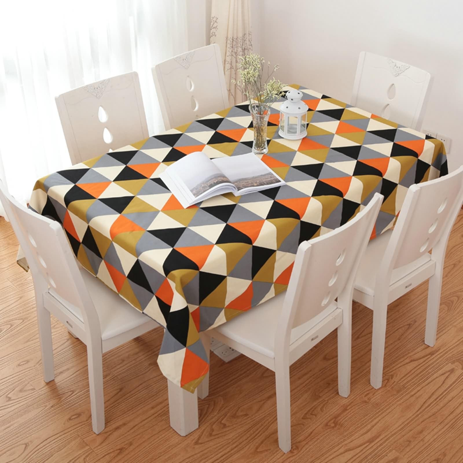 Tischdecke Rechteckig 110x170 cm, Tischdecke Fleckenschutz Baumwolle 4-6 Personen mit Buntem Dreiecksmuster Tischtücher Esszimmer Deko