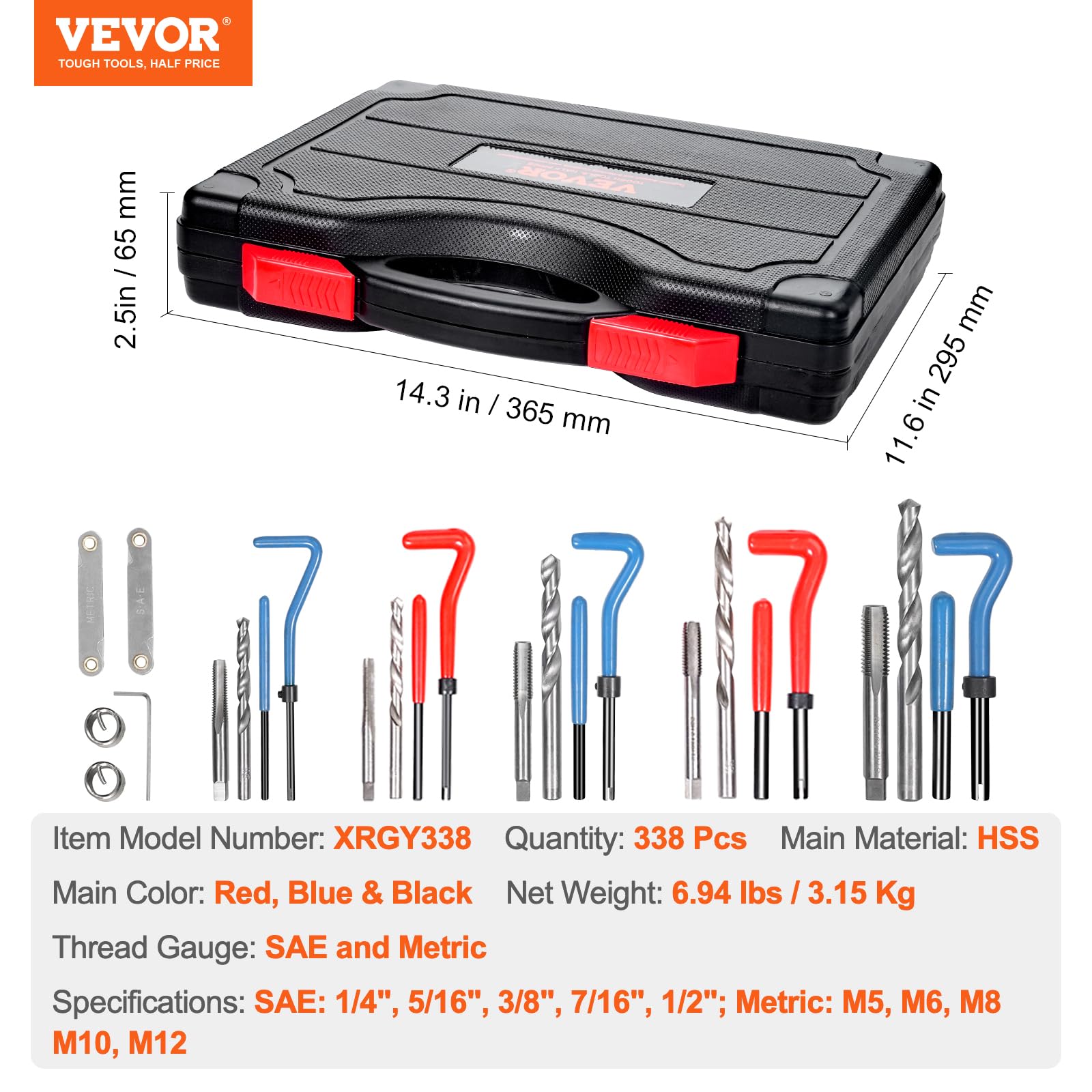 VEVOR Kit de Reparación de Roscas Helicoil 338 Piezas Kit Reparador Roscas SAE y Métrico M5, M6, M8, M10, M12, 1/4", 5/16", 3/8", 7/16", 1/2", Brocas HSS, Insertos de Rosca, Machos de Roscar