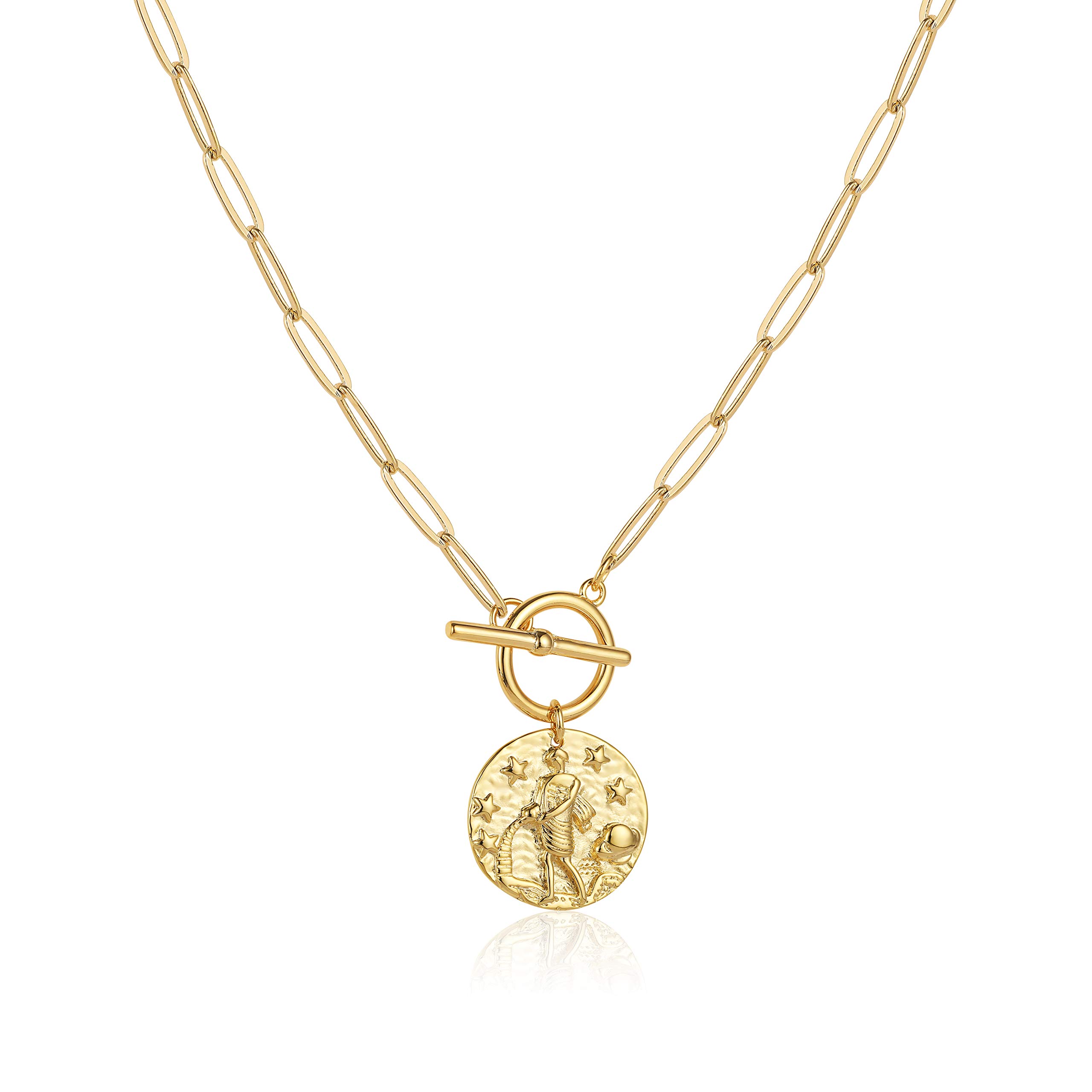 Zodiac Coin Embossed Choker Necklace Disc 12 Constellation Astrology Horoscope 14K Gold Plated Round Pendant Personalized Necklace Gift for Women & Men