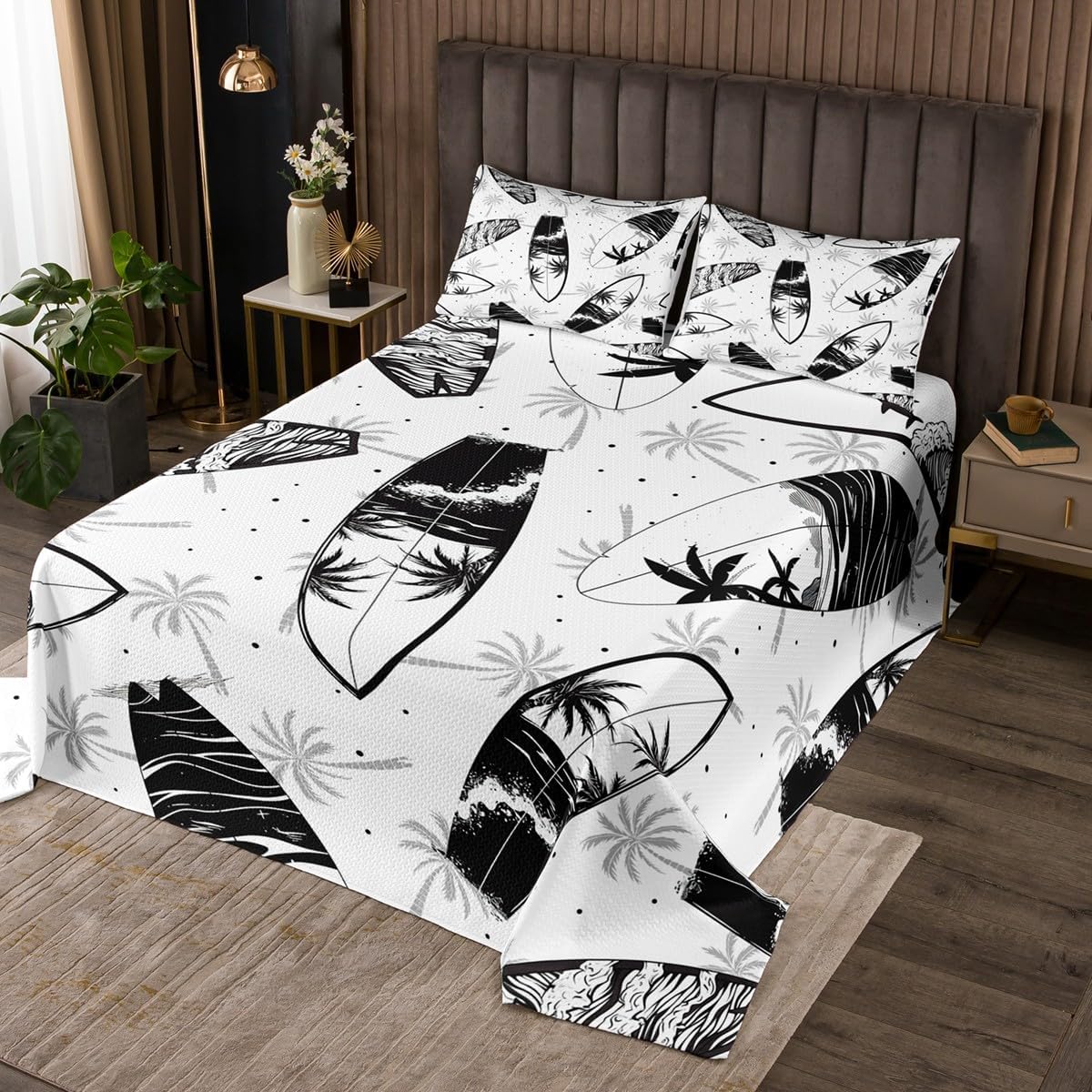 Manfei Kids Surfboard Bedspread Queen Size, Tropical Beach Palm Leaves Coverlet Set 3pcs for Boys Girls Room Decor, Blue Sea Wave Quilted Coverlet with 2 Pillowcases, Soft Polyester Bedding Quilt