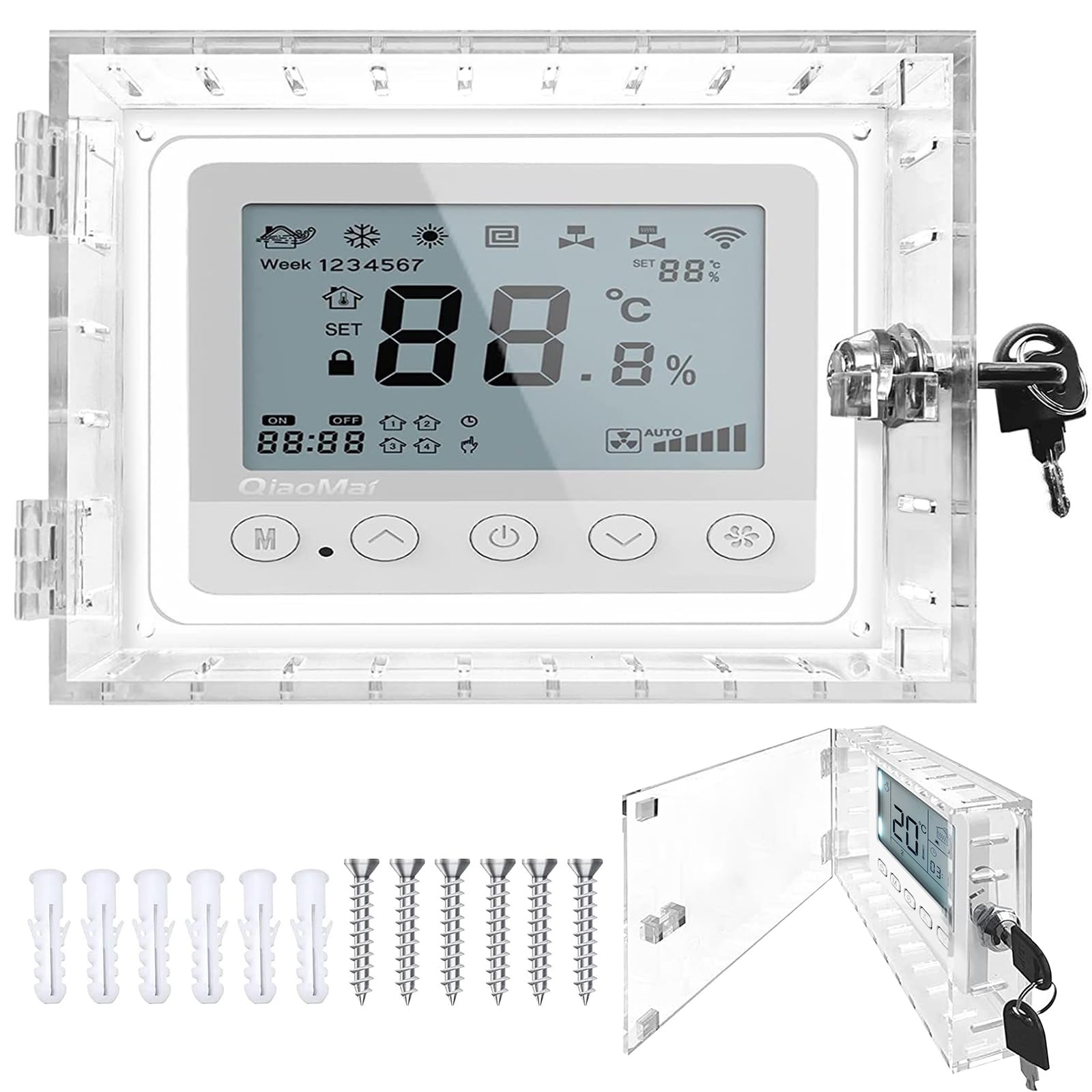 AC Thermostat Lock Box Cover Thermostat Guard with Lock,Universal Thermostat Lock Box with Key,Clear Large Thermostat Guard for Thermostat on Wall,AC Thermostat Cover with Lock for Home Office (1)