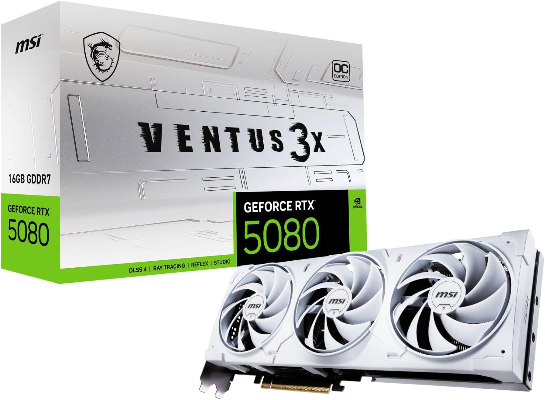 MSI NVIDIA GeForce RTX 5080 16G VENTUS 3X OC WHITE Carte Graphique - 16 Go GDDR7 (30 GB/s /256 Bits), PCIe 5.0 - Triple Ventilateur (3X Ventilateurs TORX 5.0), HDMI 2.1b, DisplayPort 2.1b
