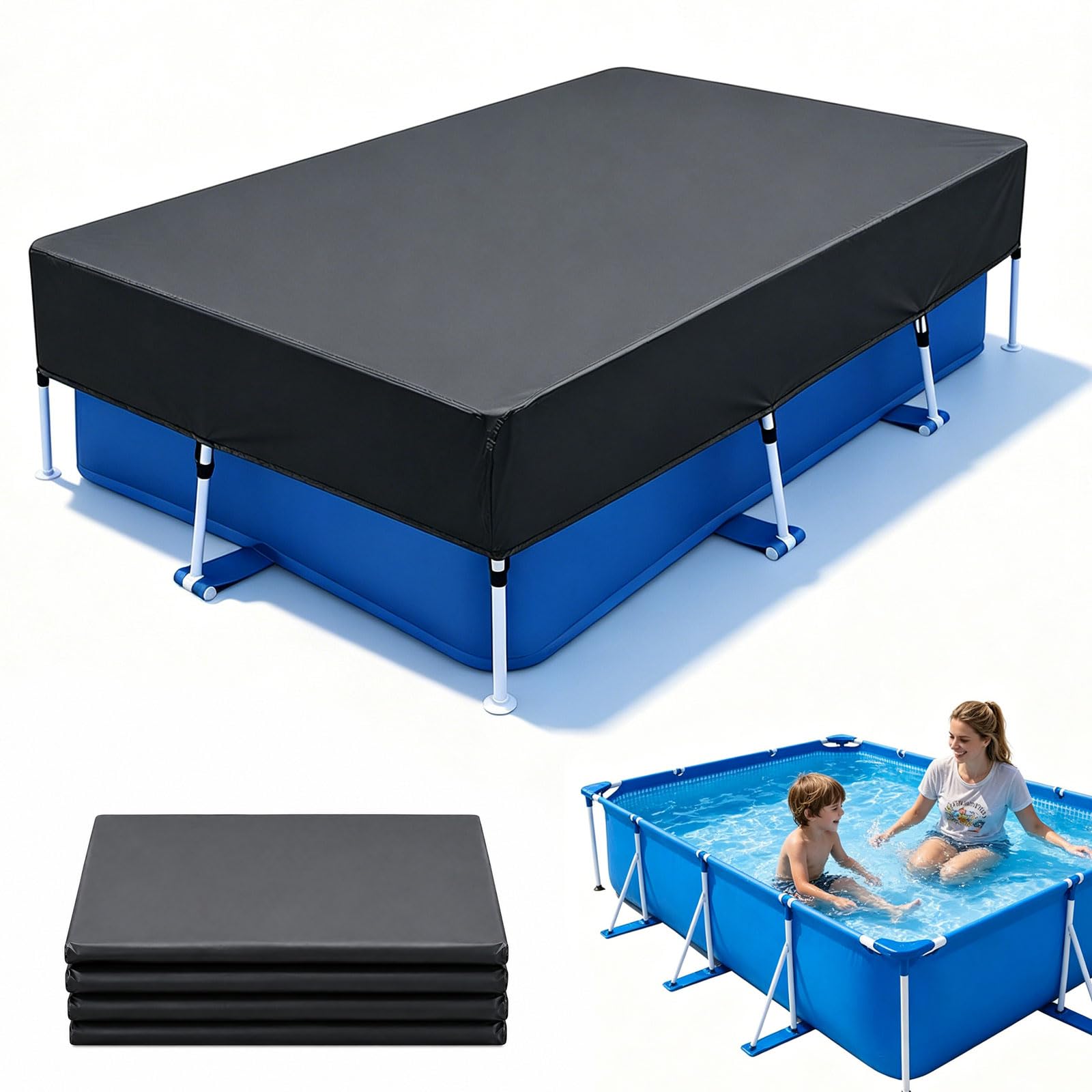 Bâche de Piscine Rectangulaire avec Fixer Cordon de Serrage &Lacets 300 * 205 * 30cm, Bache Piscine 3x2， Anti-poussière - pour Piscine à Cadre rectangulaire