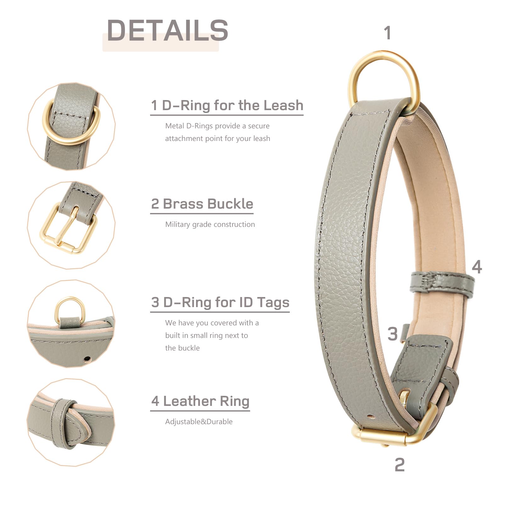 HEELE Soft Leather Dog Collar Breathable Padded with D Ring, New Pad Colour - Image 2
