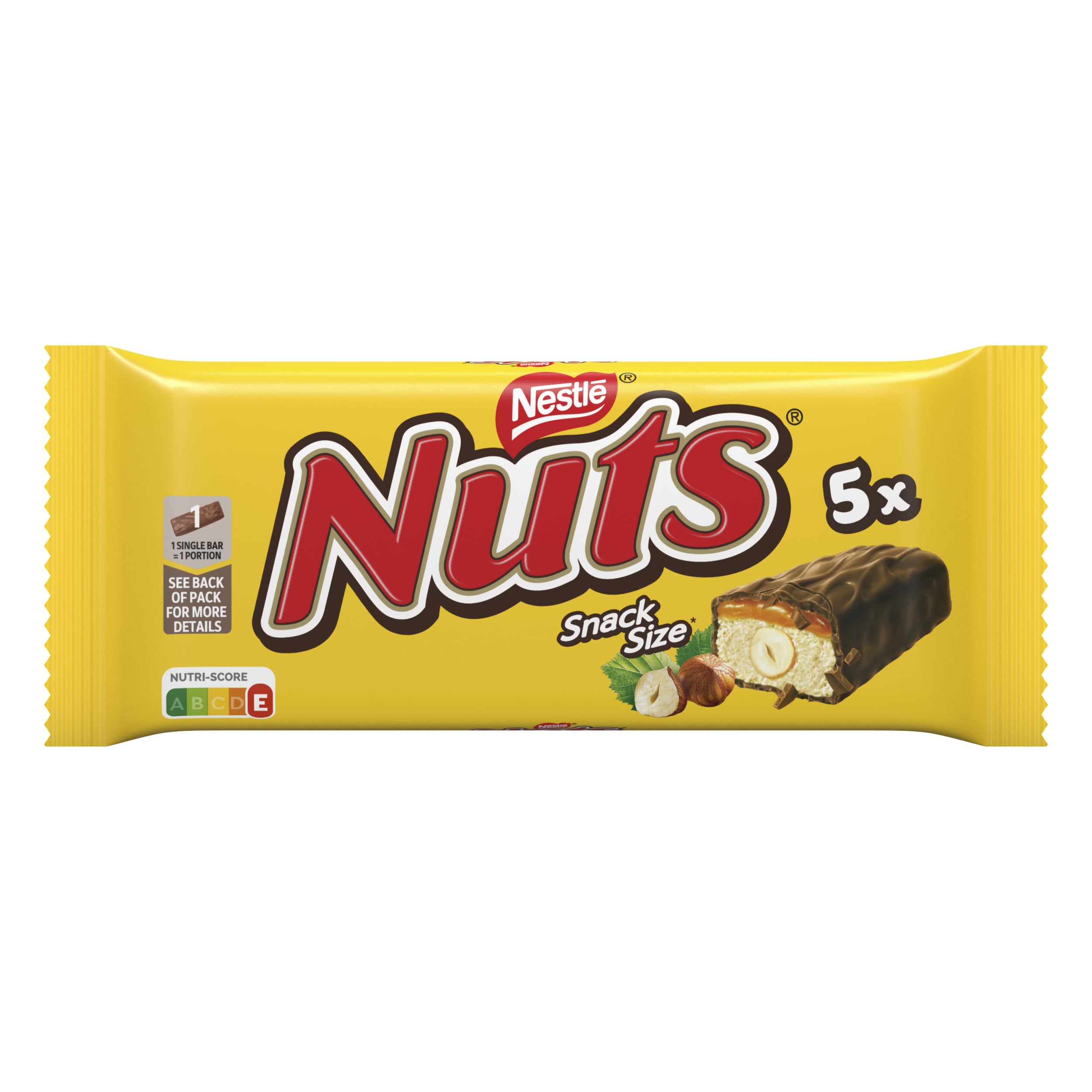 Nestlé NUTS, Haselnuss Schokoriegel mit Karamellfüllung, ganze Haselnüsse und leckere Candy Creme, ummantelt mit Milchschokolade, 1er Pack (5x30g)
