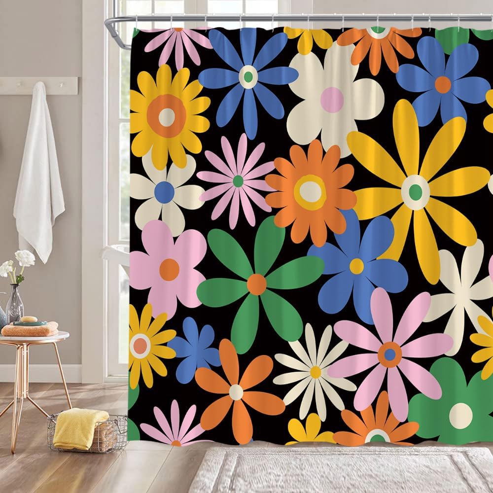 GCTNBJL Retro Flower Shower Curtain Pink Yellow Blue Rustic Blossom Daisy Floral Colorful Dreamy Nature Plant 180x70(WxH) Inches Bathroom Decor Fabric Curtain with Hooks