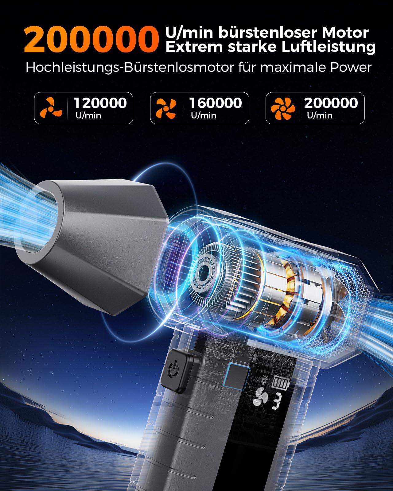 Druckluftspray Alternative, Elektrischer Air Duster mit 200.000 U/min Turbo Gebläse, 10500 mAh Akku Gebläse für PC Reinigung & Tastatur Reinigungsset, LED-Licht, Smart-Display, USB-C