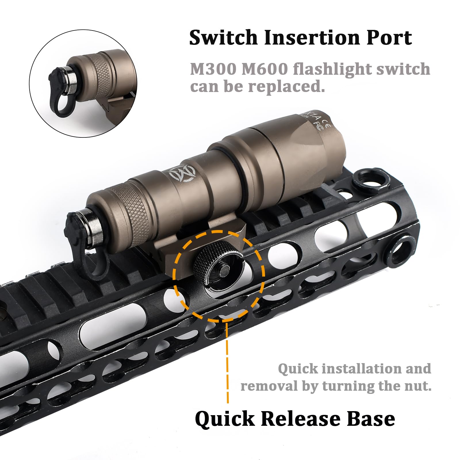 M300A Lampe de poche LED Torche tactique 600 Lumens,Lumière Scout légère pour mlok Keymod 20mm Picatinny Rail System (Marron)