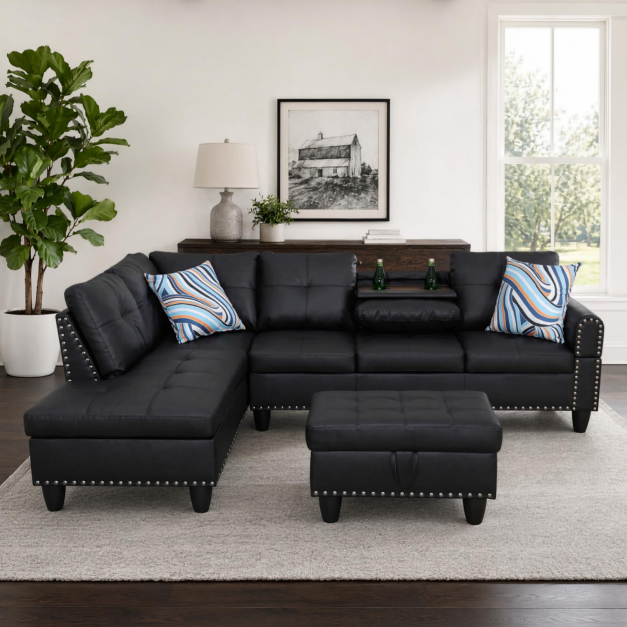 Photo 1 of Trygoal Black Leather L Shaped Couch with Chaise & Cup Holder, Sectional Sofas with Storage Ottoman for Living Room, Small Space