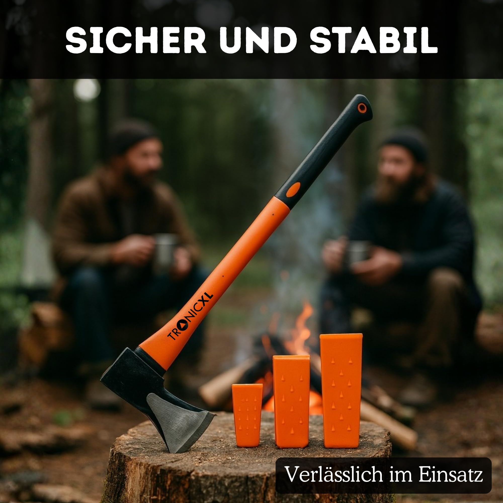 TronicXL Fiberglas Spaltaxt 2000g Kohlenstoff Stahl - Super scharf - Axt mit langem Stiel + Fällkeile Spaltkeile Set Forst Holz Machen spalten Baum fällen