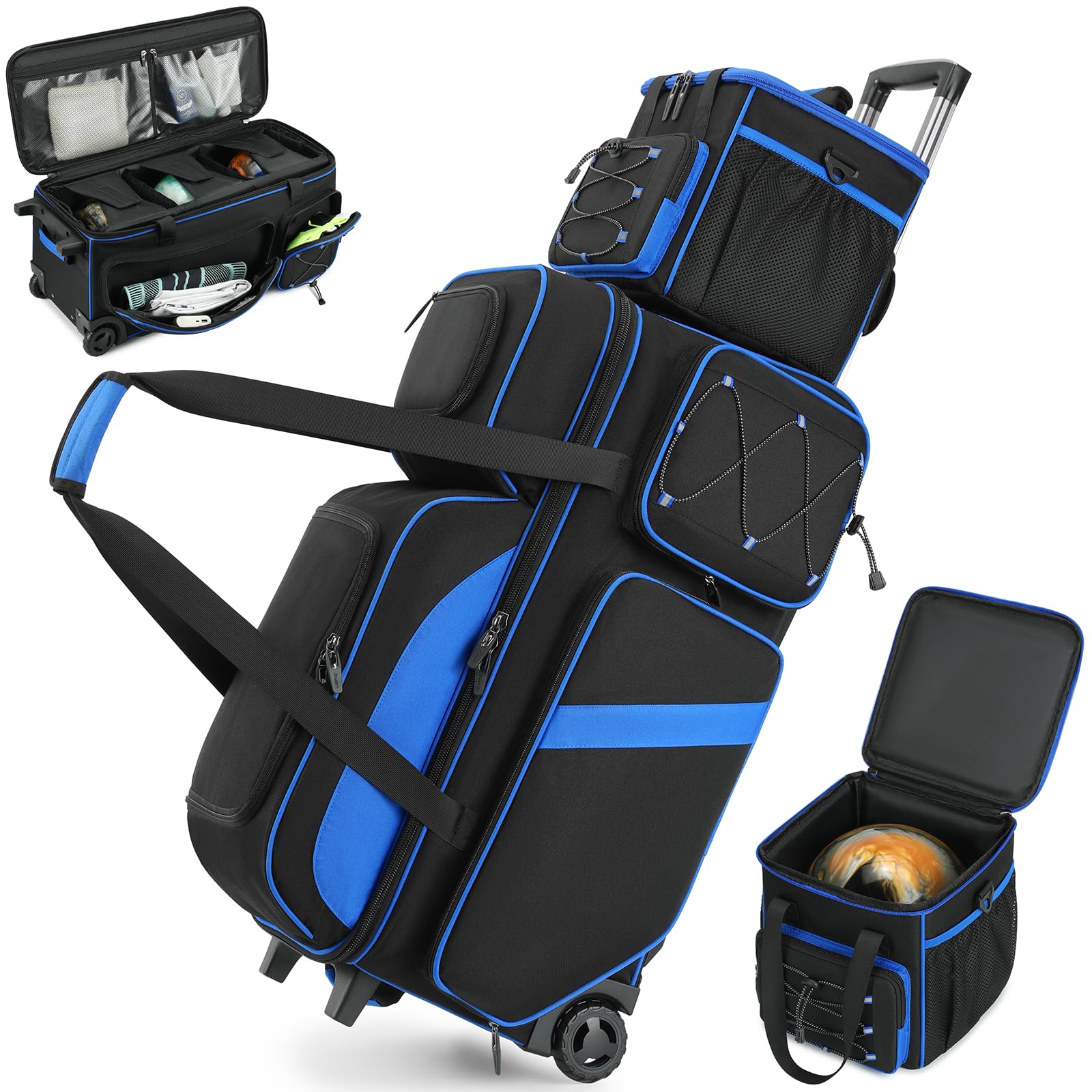 4 Ball Bowling Bag with Wheels, 3 Ball Bowling Bags Roller with 1 Ball Add On Bag, Multi-Pockets & Shoe Compartment (Fits Up to Size 16)