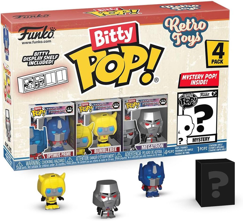 Bitty POP Retro Toys - Transformers, 4-Pack and A Surprise Mystery Mini Figure - 0.9 Inch (2.2 Cm) - Transformers Classic Collectable - Stackable Display Shelf Included - Gift Idea