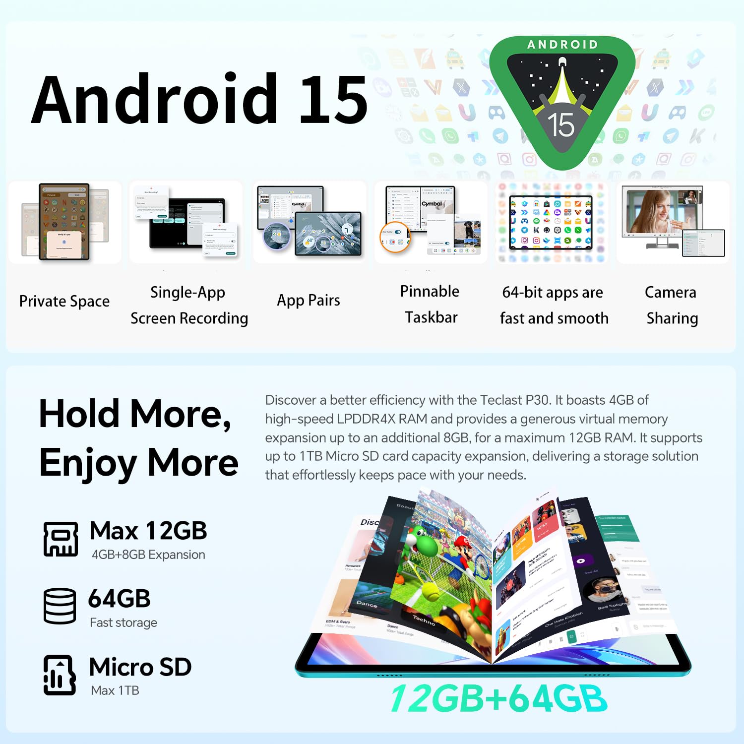 TECLAST P30 Android 15 Tablet 10.1 Inch, 12(4+8) GB RAM 64GB ROM