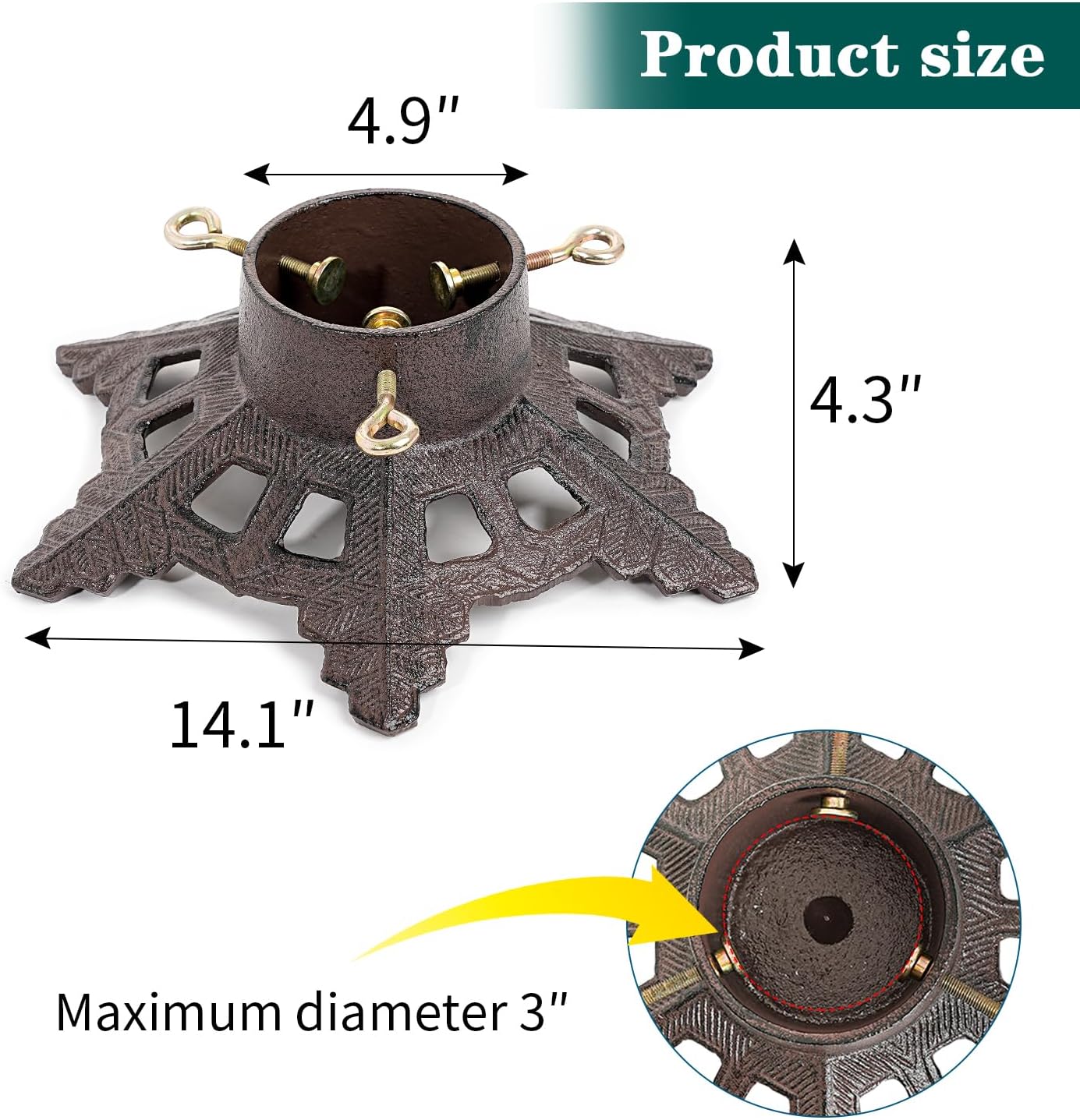 Sungmor Cast Iron Christmas Tree Stand, Heavy Duty Tree Stand for Artificial Tree and Real Tree, Vintage Snowflake Pattern Metal Xmas Tree Base, Hold Up to 8ft, 4" Diameter Trees, Rustic Decor