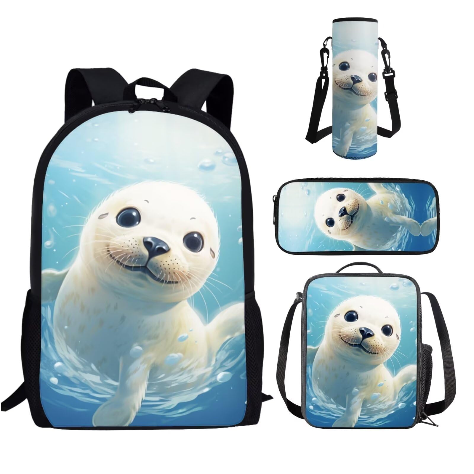 Showudesigns Harp Seal Bookbag with Lunch Box Backpack for School Girls Elementary School Bag Lunch Bag Kids Book Bag Lunchbox Pencil Case Blue Ocean