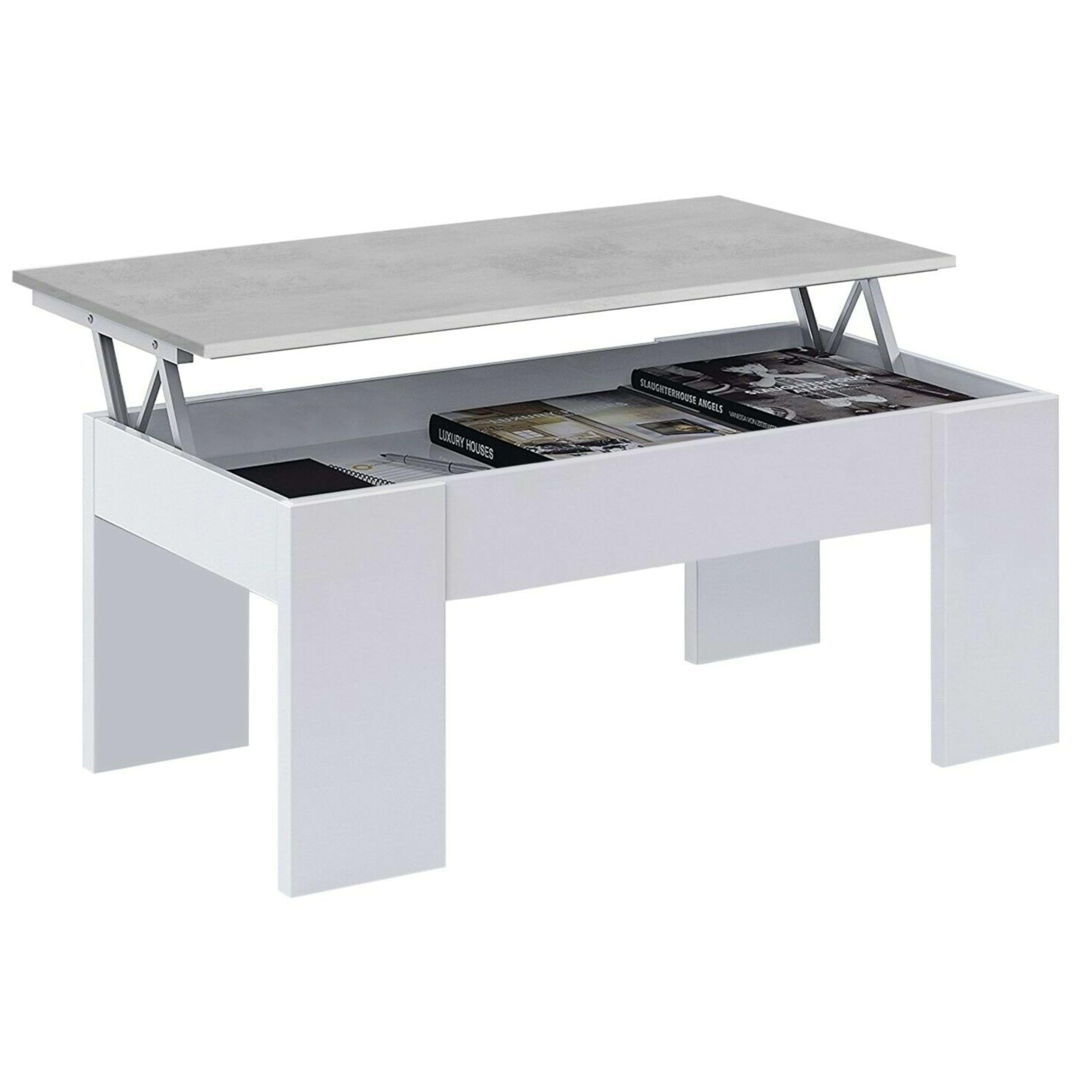 Habitdesign, höhenverstellbarer Couchtisch, Wohnzimmertisch multifunktional mit Stauraum, modernes Design in Artik weiß und Zementgrau, Maße: 100 x 45-56 x 50 cm (B x H x T), Modell Low Cost