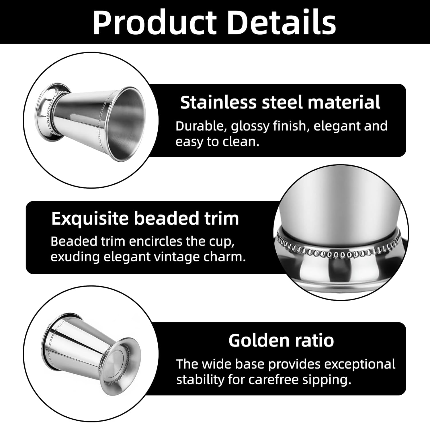 Set of 2 Mint Julep Cups,12 Oz Stainless Steel Mint Julep Cup,Silver Metal Cocktail Glasses with Beaded Trim Border ,Suitable For Party Beer Juice Beverage Bar Home Restaurant,Vase decoration - Image 3