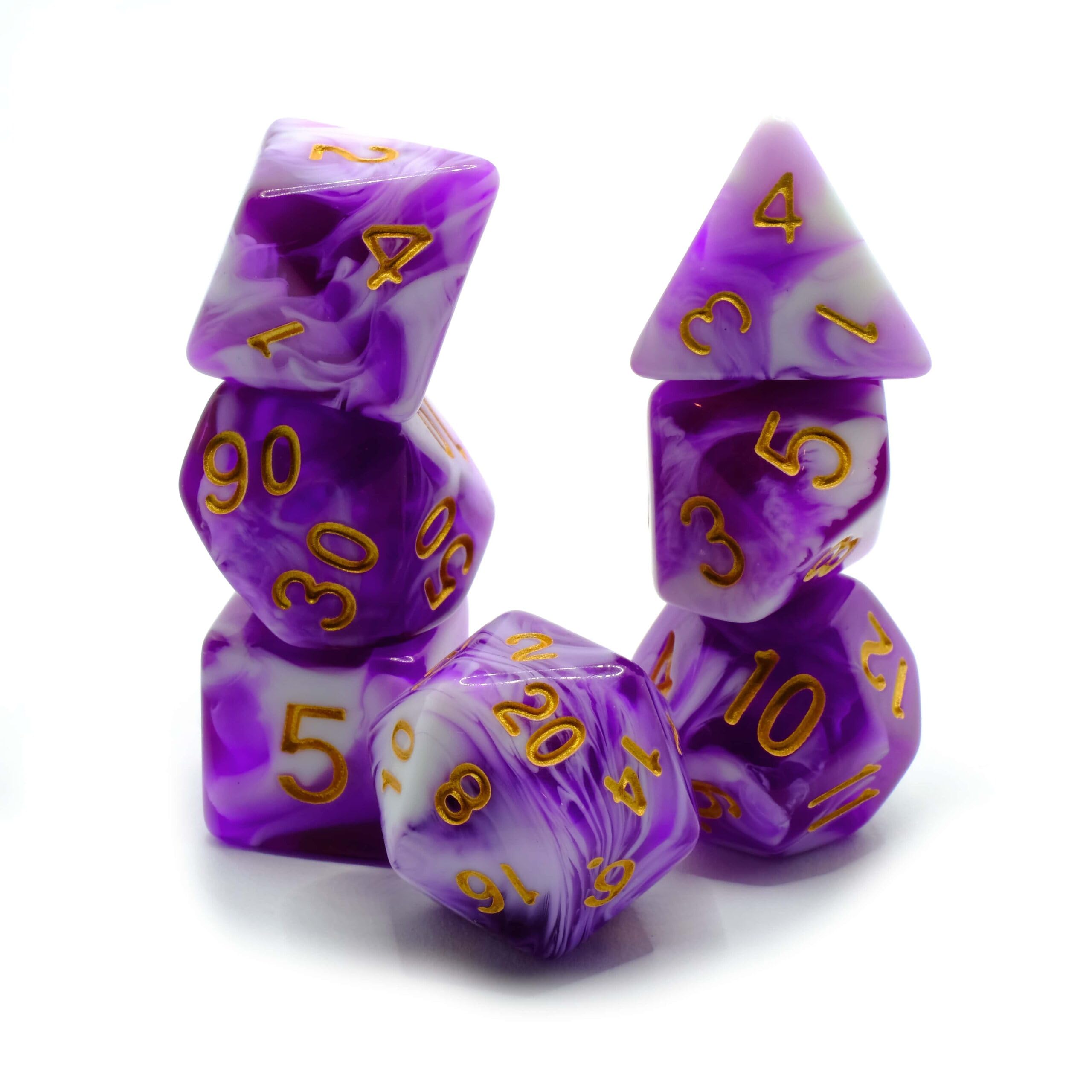 Purple Delight - Polyset Dice | Polydice | Purple White Pearlescent Marble Translucent Transparent and Gold | Dice Set 7 Pieces D&D RPGs Plastic Dice Set Polyhedral DnD D&D Dungeons and Dragons