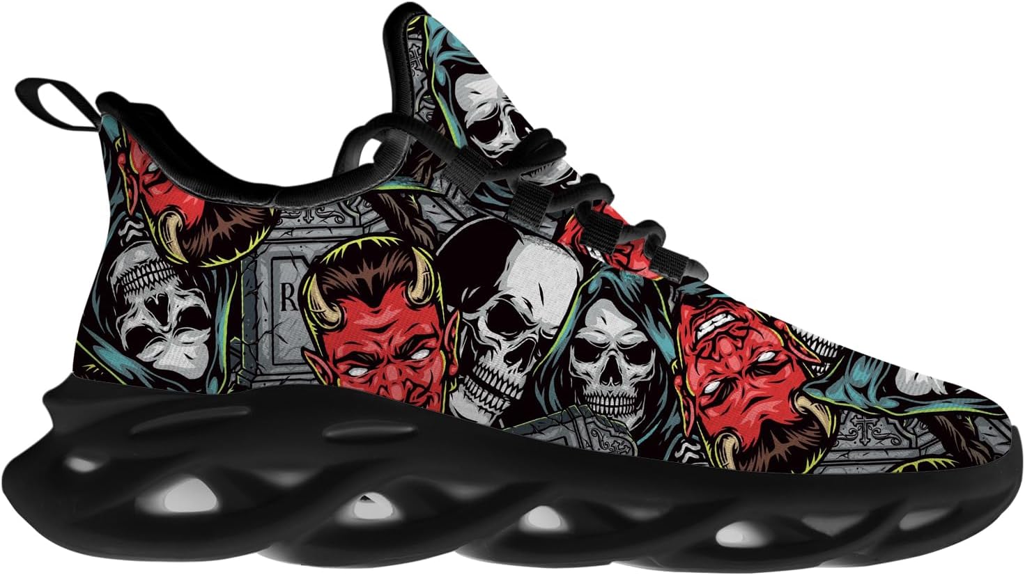 Ciadoon Devil Shoes for Women Men Devil Skull Death Halloween Tennis Sneakers Running Walking Shoes Gifts for Her Him,Size 5.5 Men/7.5 Women Black