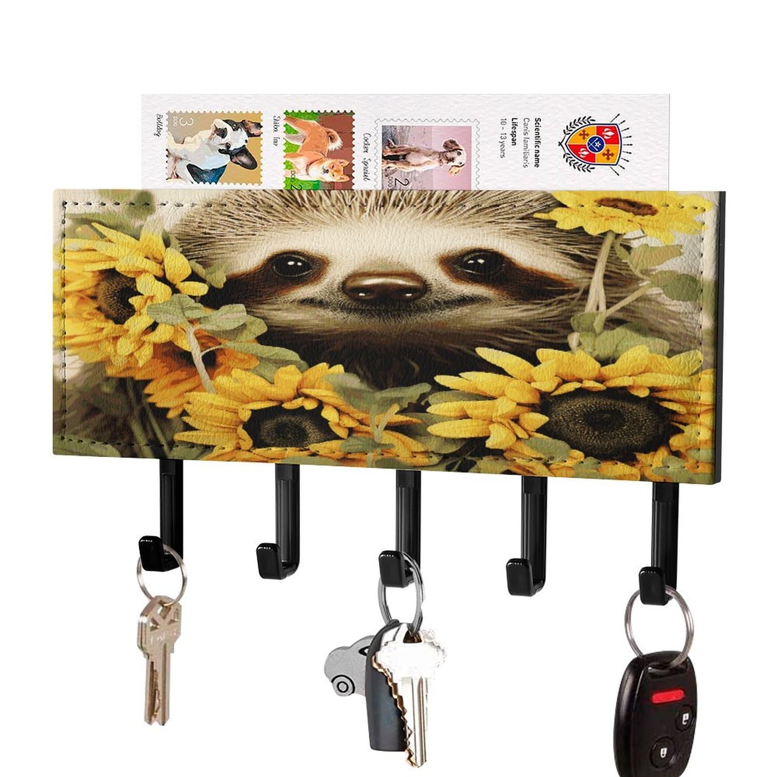 LDGSUPH Sloth Sunflower Key Holder Wall Mount Key Hanger with 5 Hooks Fashion Key Organizer Rack Hanging Key Hooks with Mail Organizer Key Rack for Home Entryway Hallway Black-Style