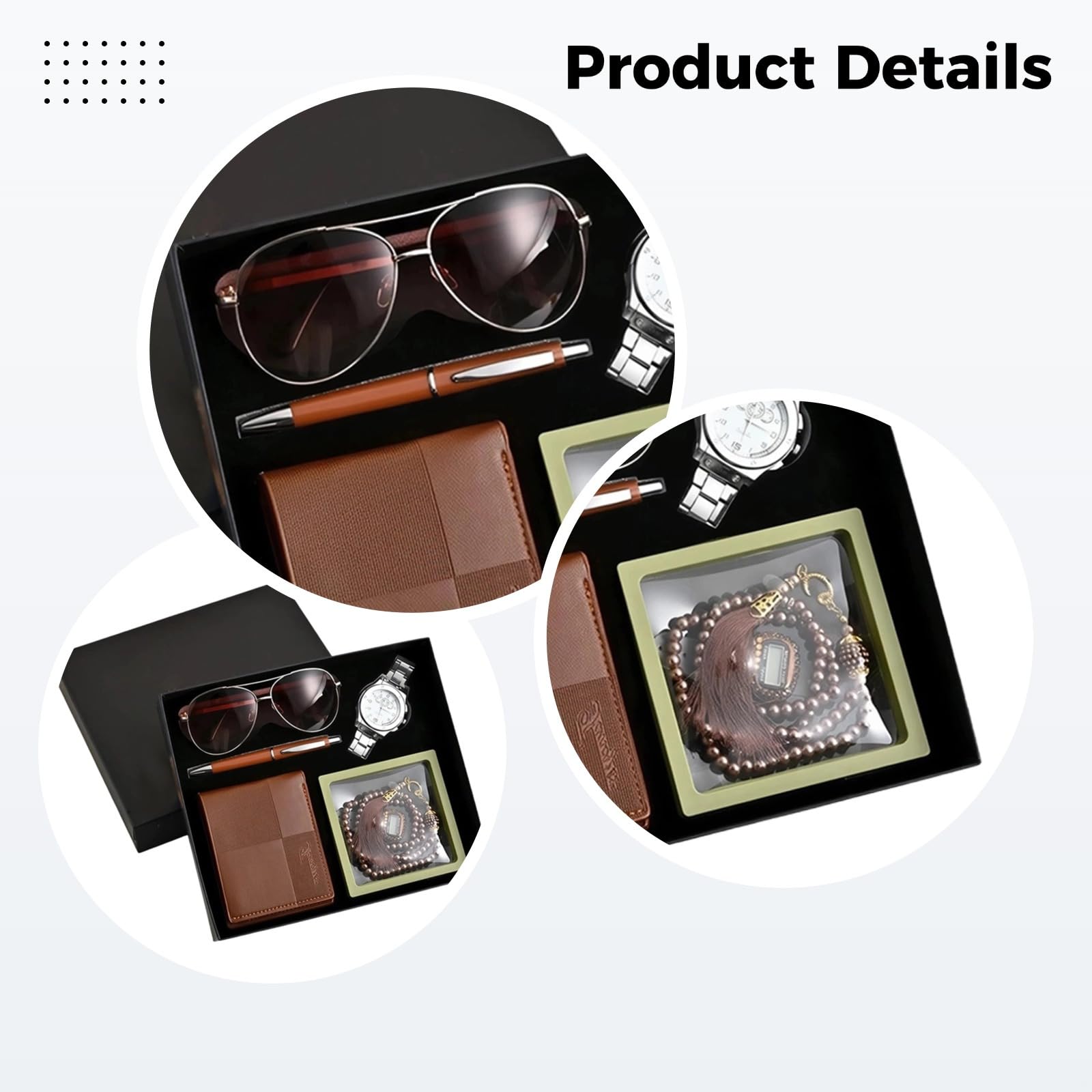 Eid Ramadan Gift Set for Men, 6 Pcs Prayer Gift Box, Prayer Beads, Finger Counter, Wallet, Watch, Sunglasses, Pen