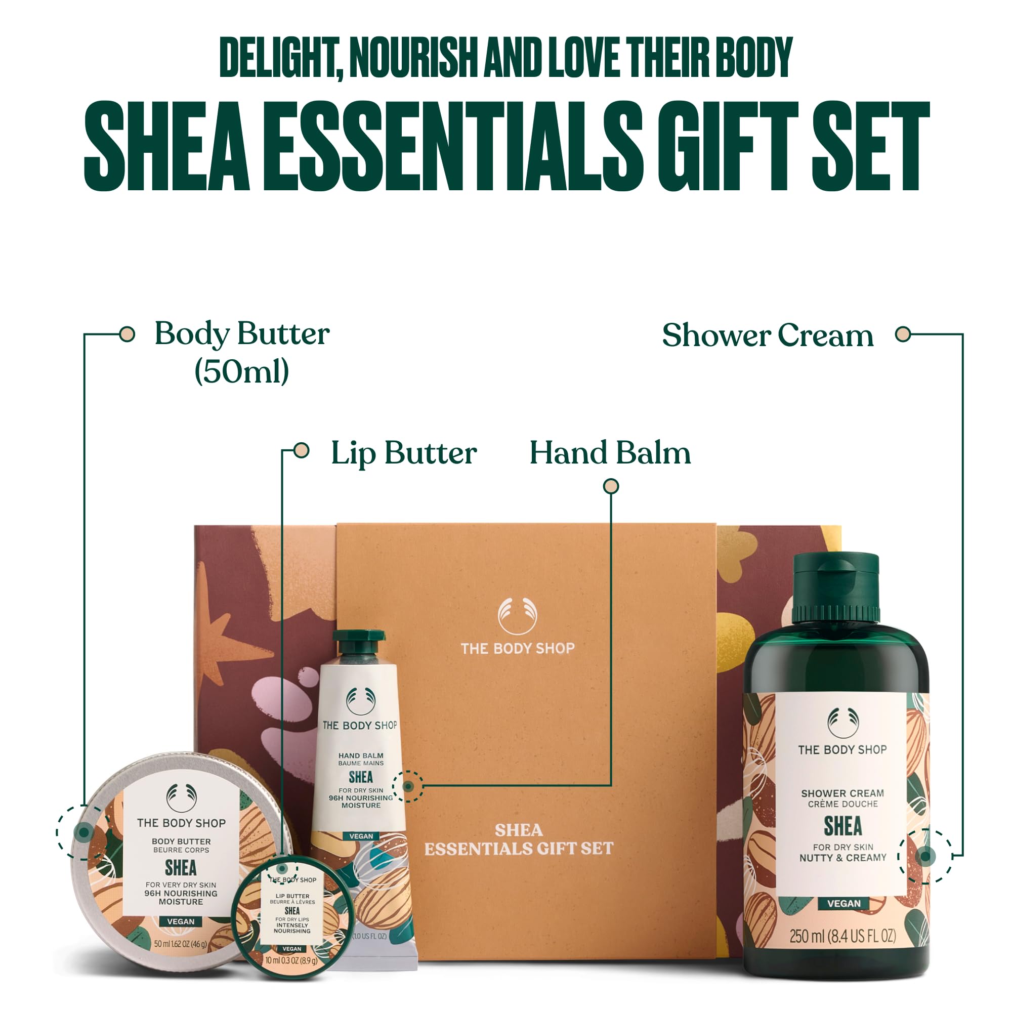 The Body Shop Zestaw upominkowy Shea Essentials (krem pod prysznic 250 ml + masło do ciała 50 ml + masło do ust 10 ml + balsam do rąk 30 ml), kolekcja odżywczego masła shea do pielęgnacji od stóp do