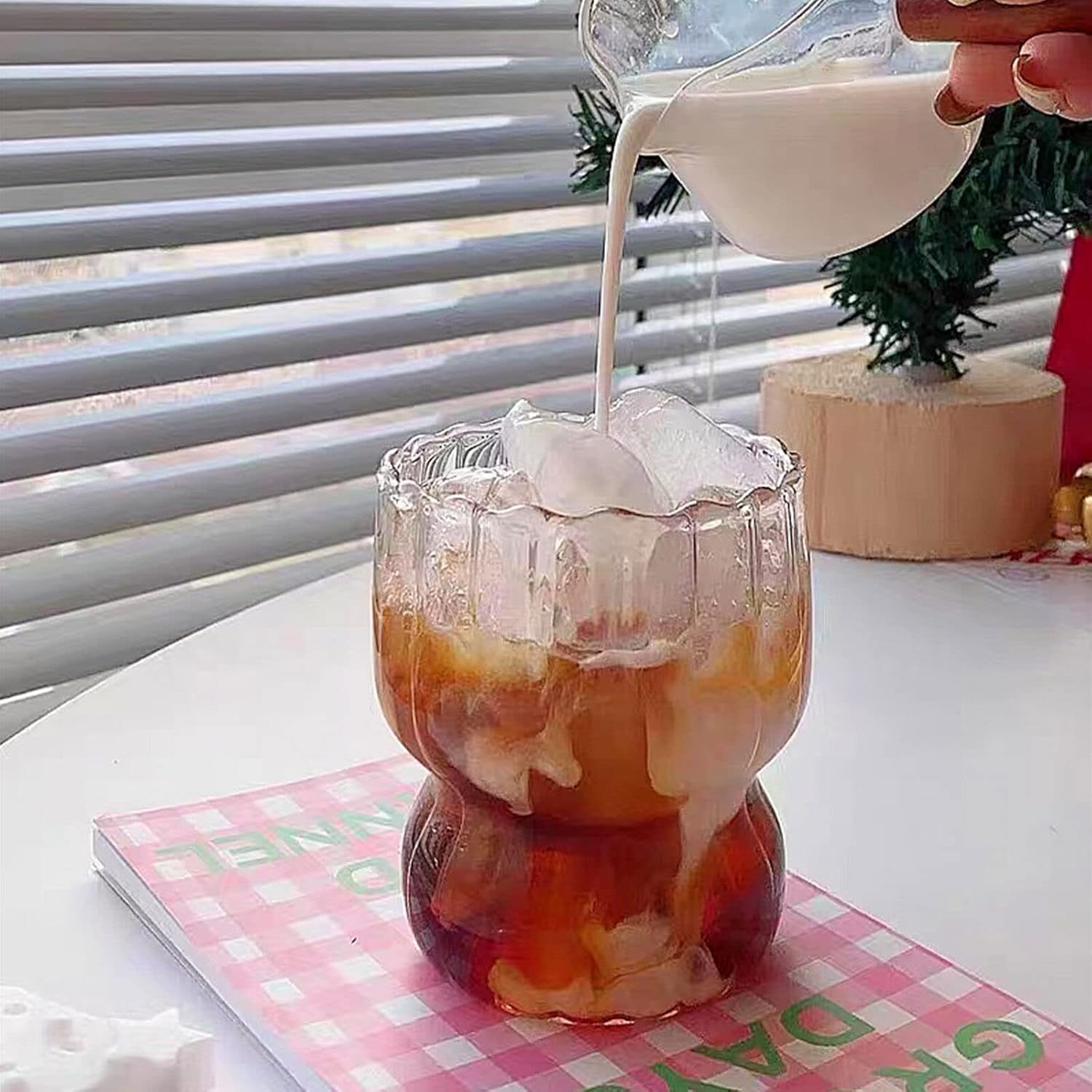 MANMAOHE 10 Oz Ribbed Glass Cups Set of 2 Creative Wavy Drinking Glasses Vintage Ribbed Glassware Vintage Ripple Drinking Glasses for Coffee Cocktail Juice Water Soda Tea