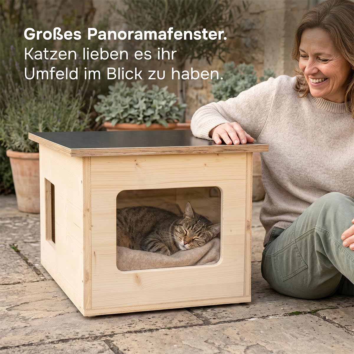 catcabin Katzenhaus für Draußen, Winterfest, Isoliert, Massivholz, Made in Germany, Outdoor Katzenhöhle (ohne Isolierung, Dach Siebdruck, Fichte-Fenster)