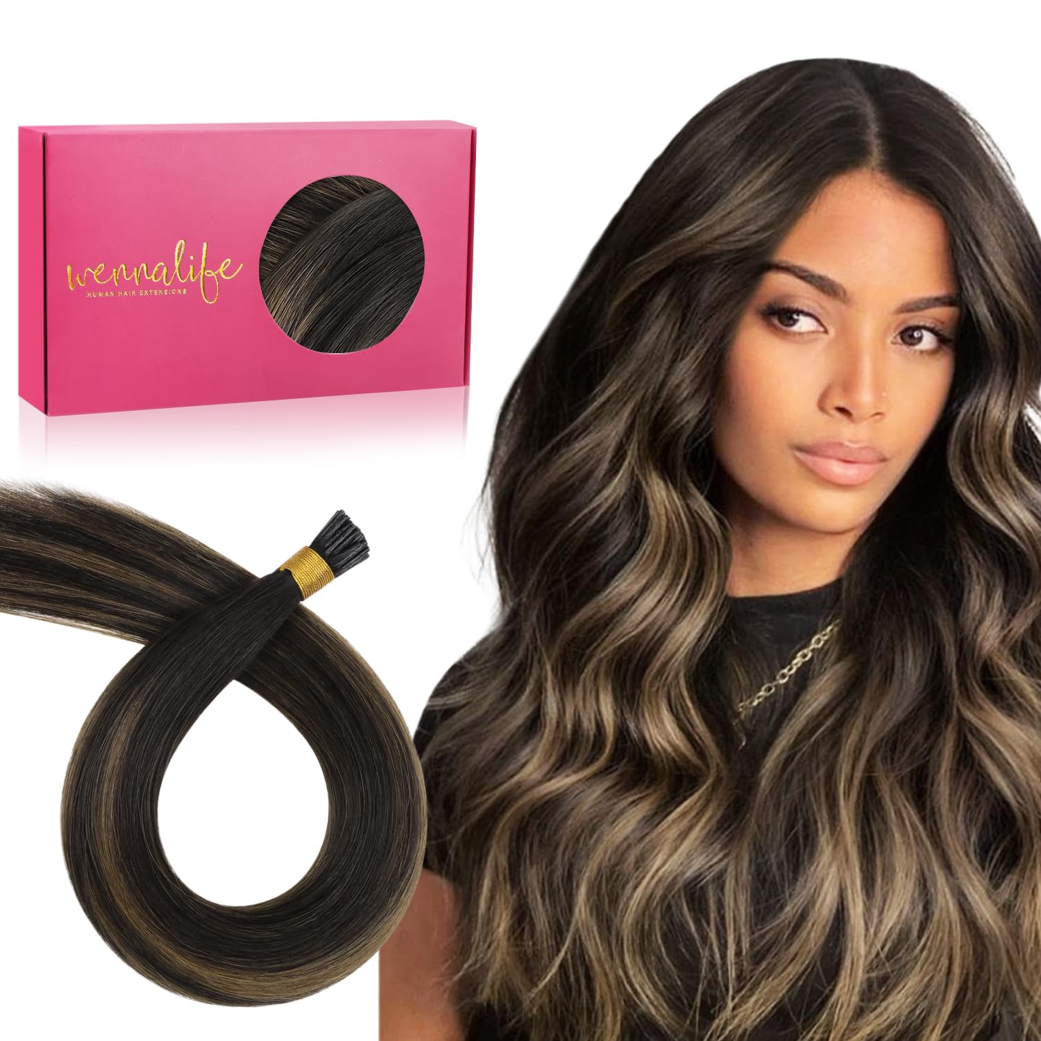 WENNALIFE I Tip Hair Extensions Human Hair, 50g 50s 22 Inch Balayage Dark Brown Mixed Chestnut Brown Remy Itip Human Hair Extensions Invisible Itips