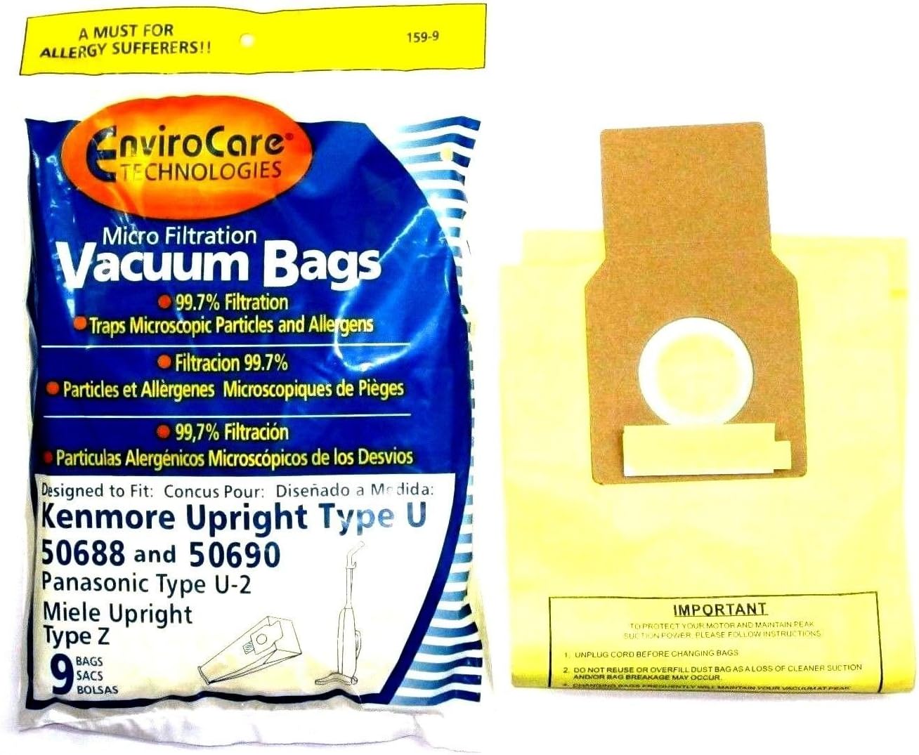 EnviroCare Replacement Vacuum Bags designed to fit Kenmore Uprights 50688 and 50690, Panasonic Type U-2 Uprights 9 Bags and 1 EF-1 HEPA Filter