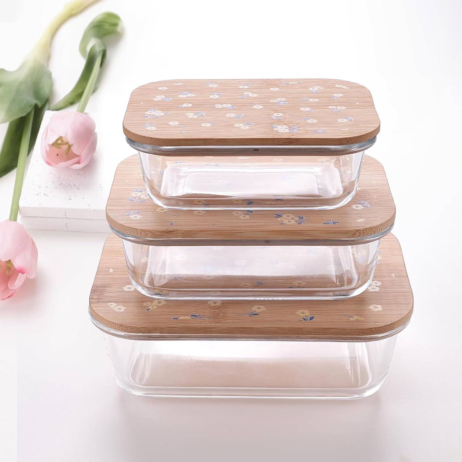 Kuber Industries Pack of 3 Borosilicate Glass Kitchen Containers with Bamboo Lid | 370ml 640ml 1060ml | Airtight Rectangular Fridge Storage Boxes |kitchen organizer items & storage| Happy Dance Print
