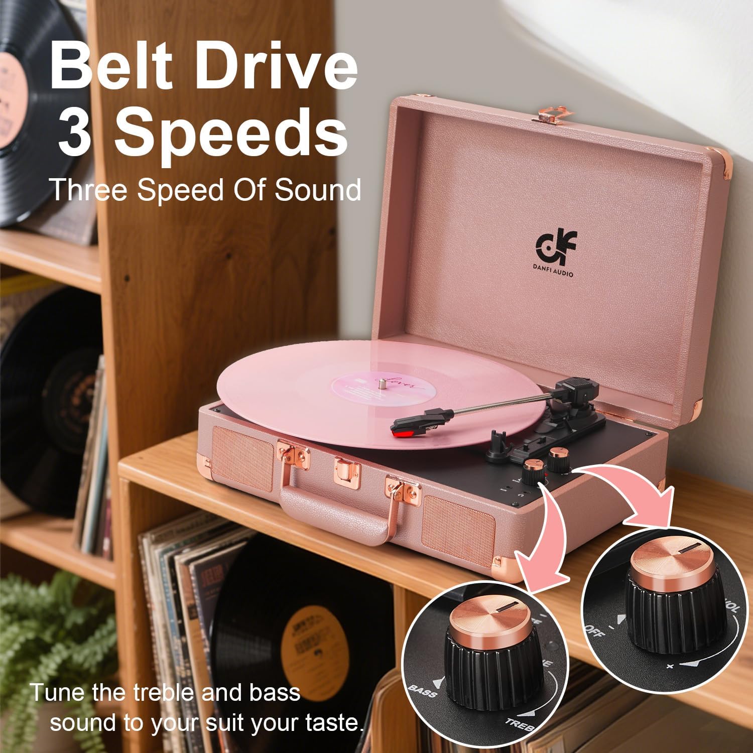 Vinyl Record Player 3-Speed Portable Suitcase Record Player with Built-in Speakers, Headphone Jack, RCA-Out/AUX-in, Vintage Belt-Driven Turntable, Pink & Rose Gold
