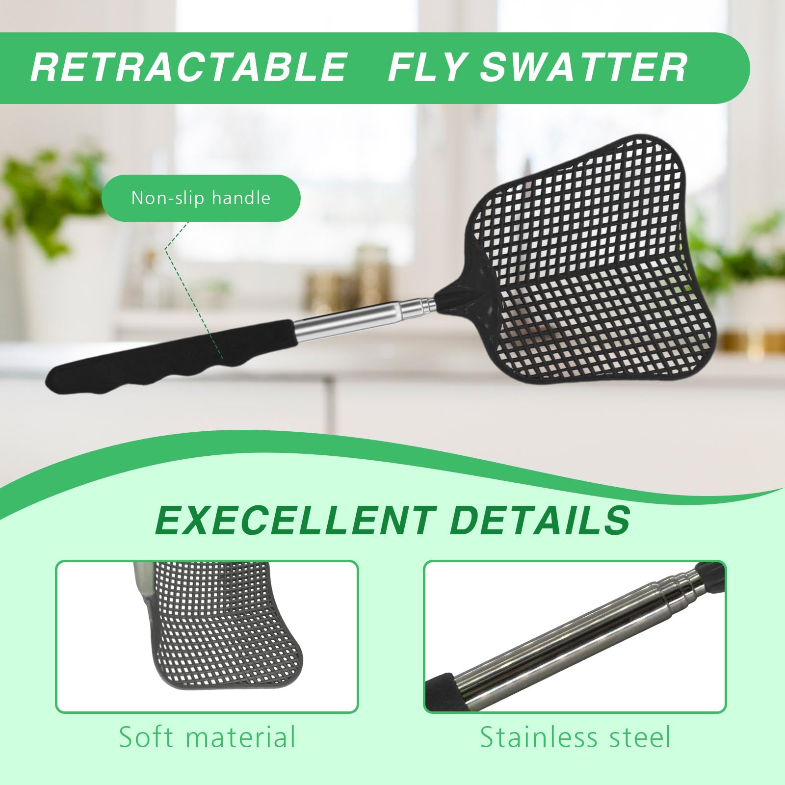 MYSTICHOME Fly Swatter 1 Pack, Durable Heavy Duty Plastic Fly Swatters, Stainless Steel Telescopic FlySwatter for Indoors/Outdoor/Kitchen/Garden(Black)