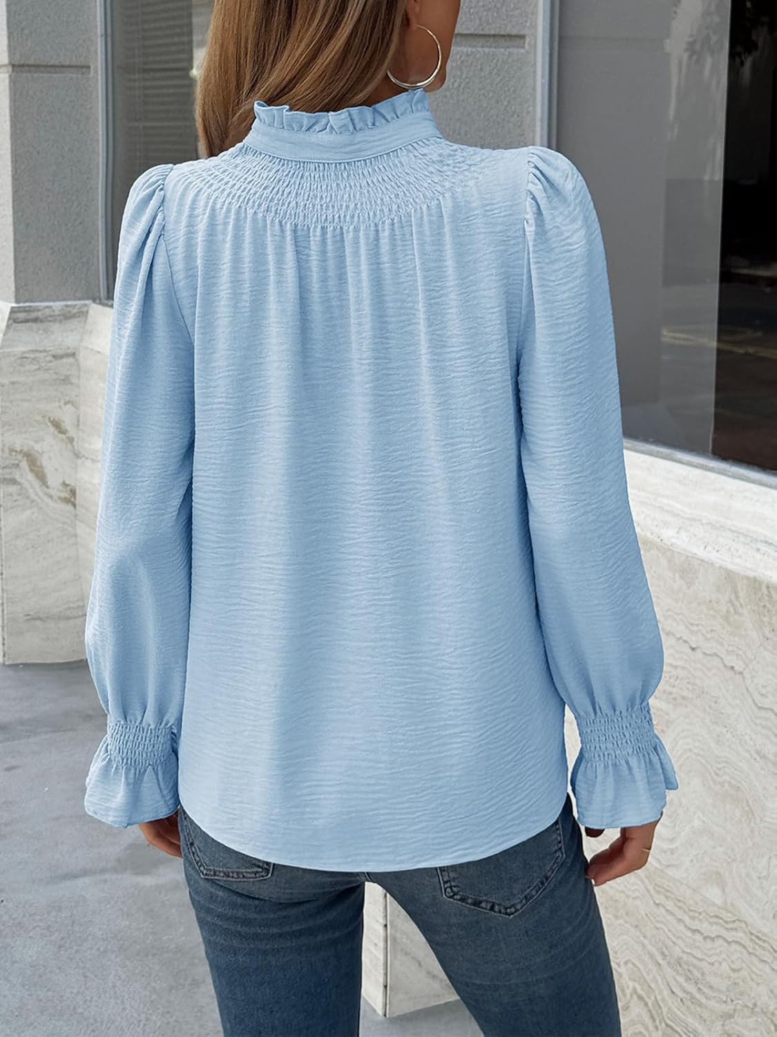 Tankaneo Womens Puff Long Sleeve Button Down Shirts Ruffle Mock Neck Blouses Dressy Casual Loose Fit Tops - Image 3