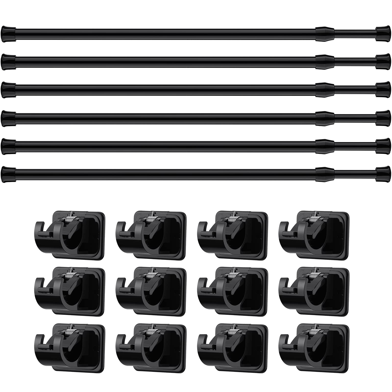 Spring Tension Curtain Rod Black Extendable Tension Curtain Rod Adjustable Tension Rod with Self Adhesive Hook Curtain Rods for Windows 15.7 to 27.5 Inch, Closet, Wardrobe, Bookshelf(6 pieces)