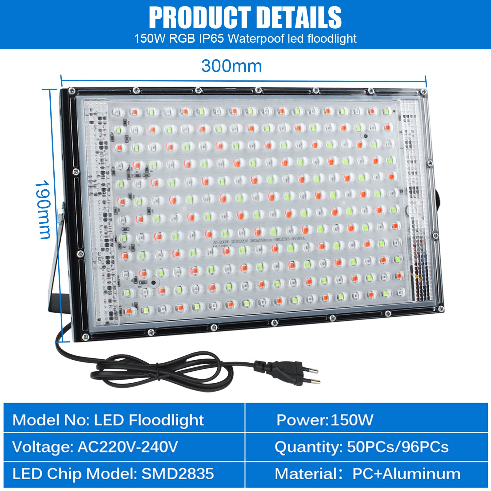 Eleganted Reflektor LED, zewnętrzny, 150 W, bardzo jasny reflektor LED z wtyczką, reflektor budowlany IP65, wodoodporny reflektor zewnętrzny na podwórko, do ogrodu, garażu, na boisko sportowe