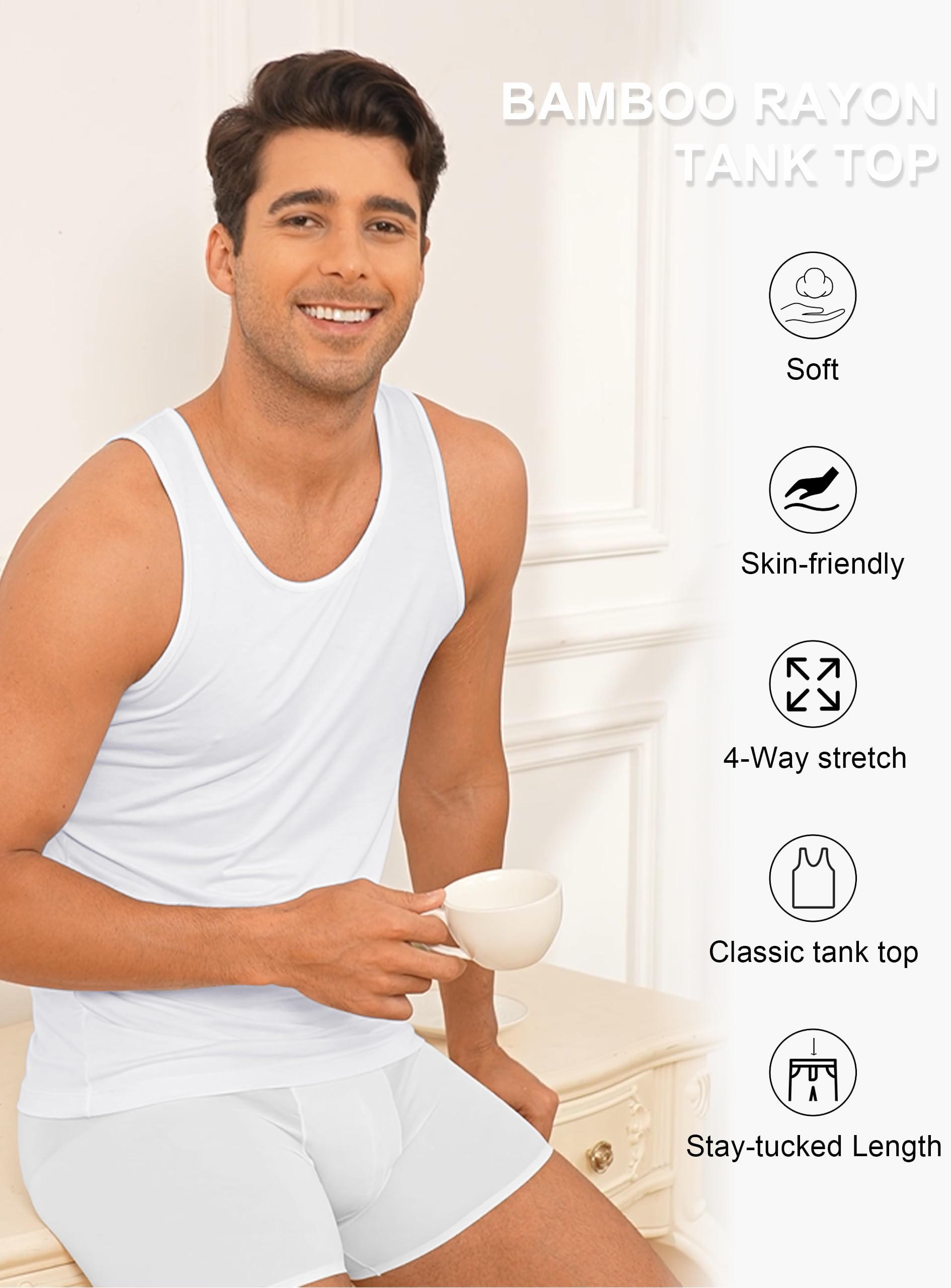 COLORFULLEAF Camisetas sin mangas de rayón de bambú para hombre, cuello redondo, elásticas, paquete (1 o 3)