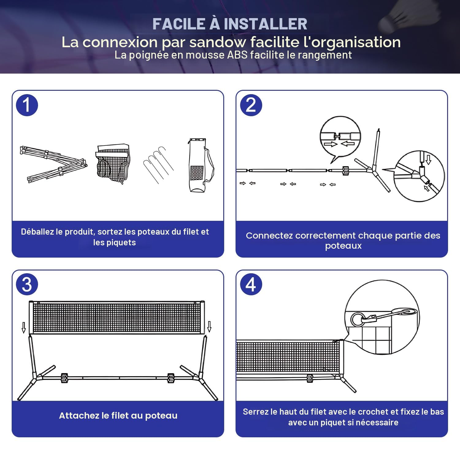 Filet de Badminton, Filet en Nylon Pliable, Support réglable en Hauteur et Sac à Main Portable, Facile à Assembler ou à démonter, idéal pour Le Tennis, Le Badminton pour Enfants ou Le Volley - Ball