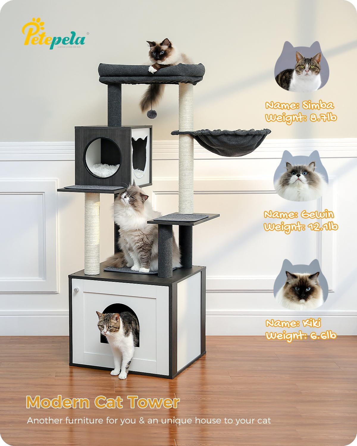 PETEPELA 56.7" Cat Tree with Litter Box Enclosure Large, Wood Cat Tower for Indoor Cats with Storage Cabinet and Cozy Cat Condo, Sisal Covered Scratching Post and Repalcable Dangling Balls, Black