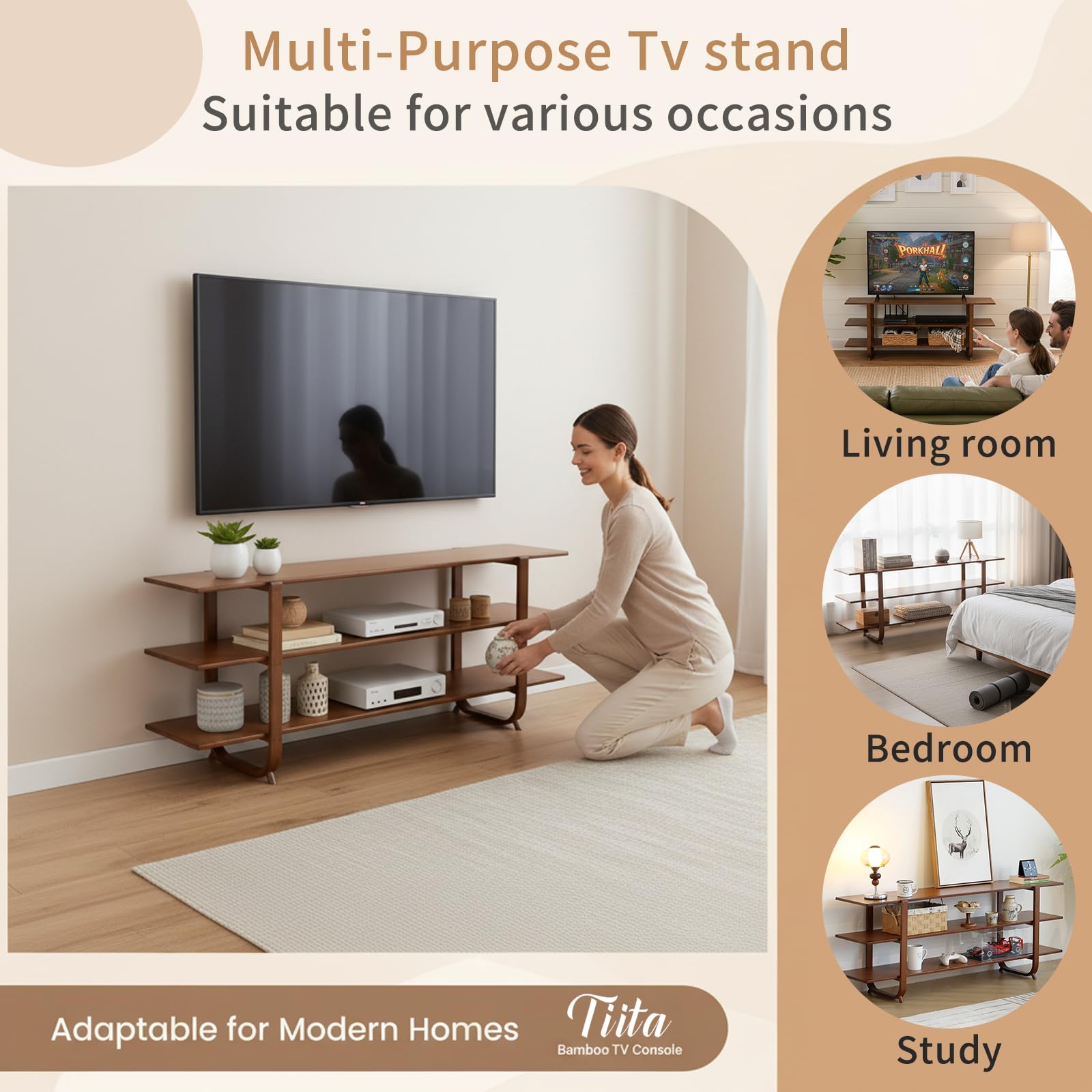 Tiita Wooden TV Stand for 65 Inch TV, Modern Media Console Table